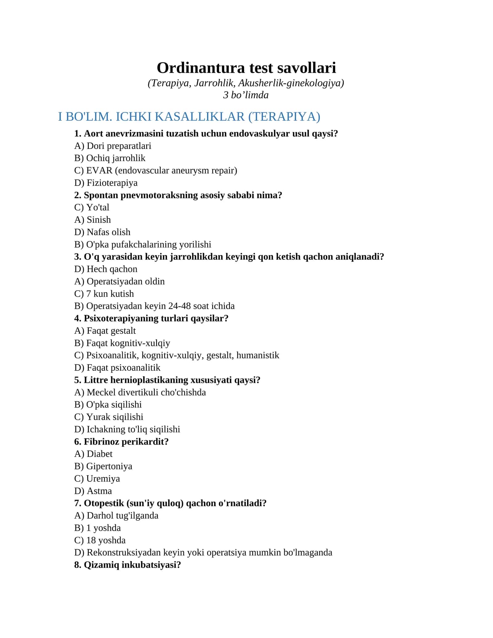 Ordinantura test savollari 1