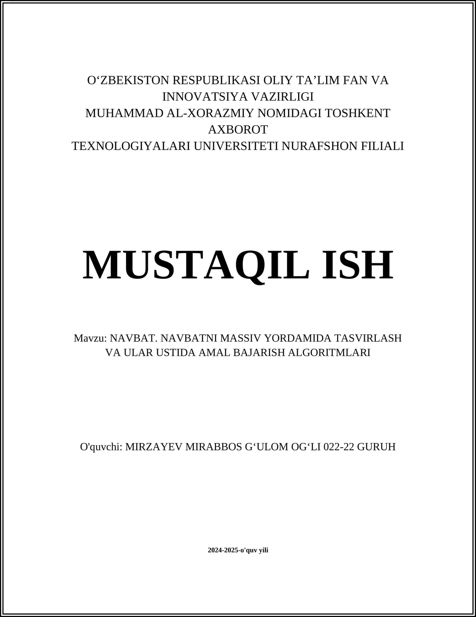 NAVBAT. NAVBATNI MASSIV YORDAMIDA TASVIRLASH VA ULAR USTIDA AMAL BAJARISH ALGORITMLARI 1