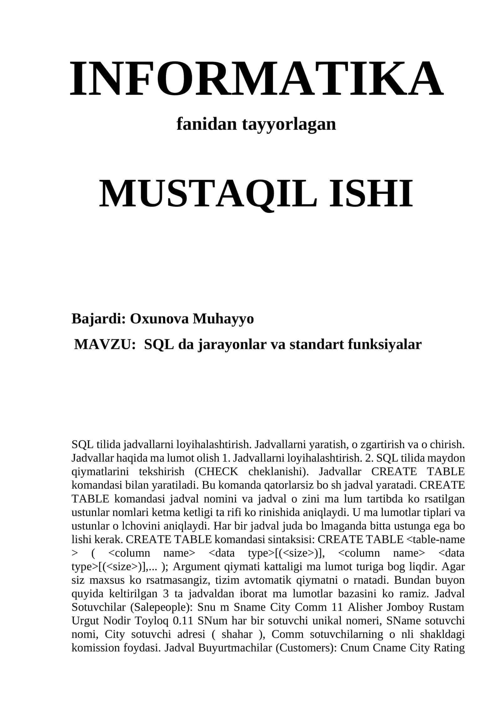 SQL da jarayonlar va standart funksiyalar 1