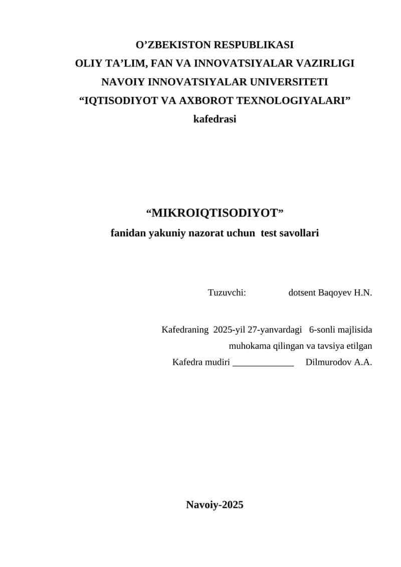 Mikroiqtisodiyot test savollari 1
