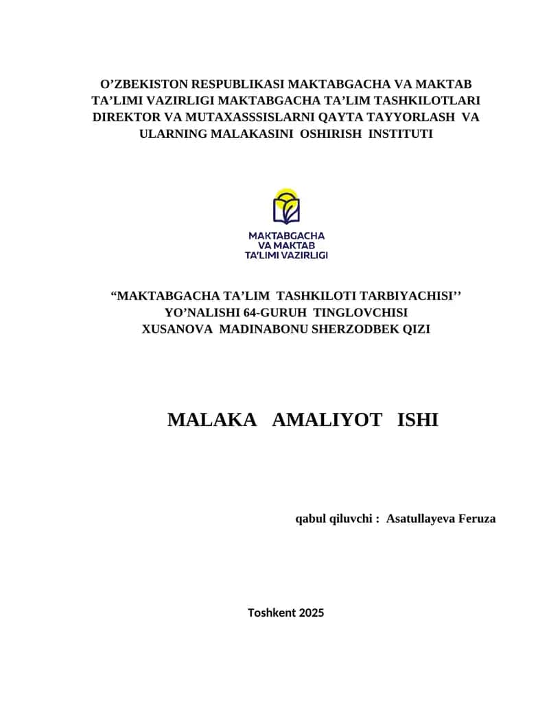 "MAKTABGACHA TA’LIM TASHKILOTI TARBIYACHISI" 1