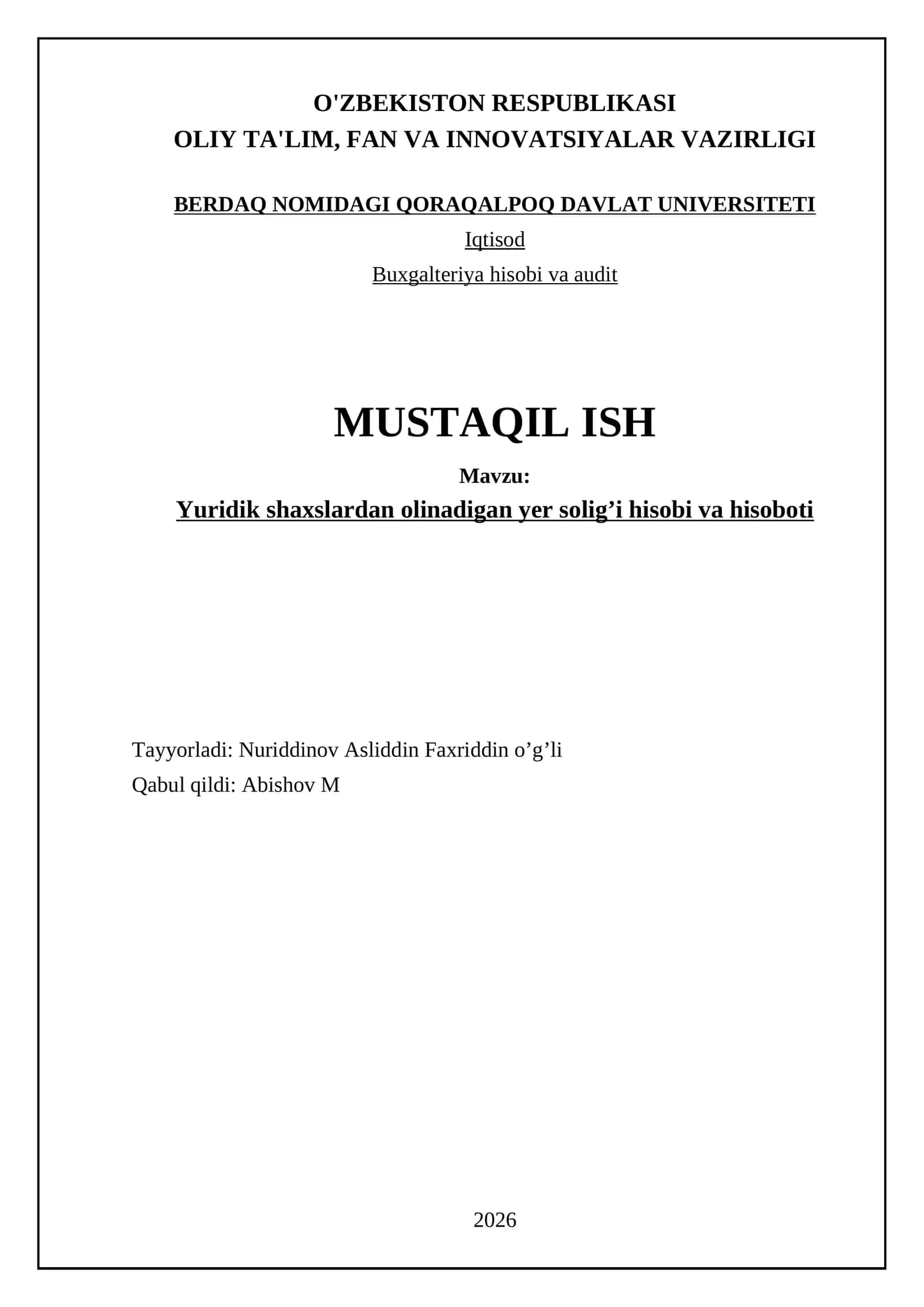 Yuridik shахslаrdаn оlinаdigаn yеr sоlig’i hisоbi vа hisоbоti 1