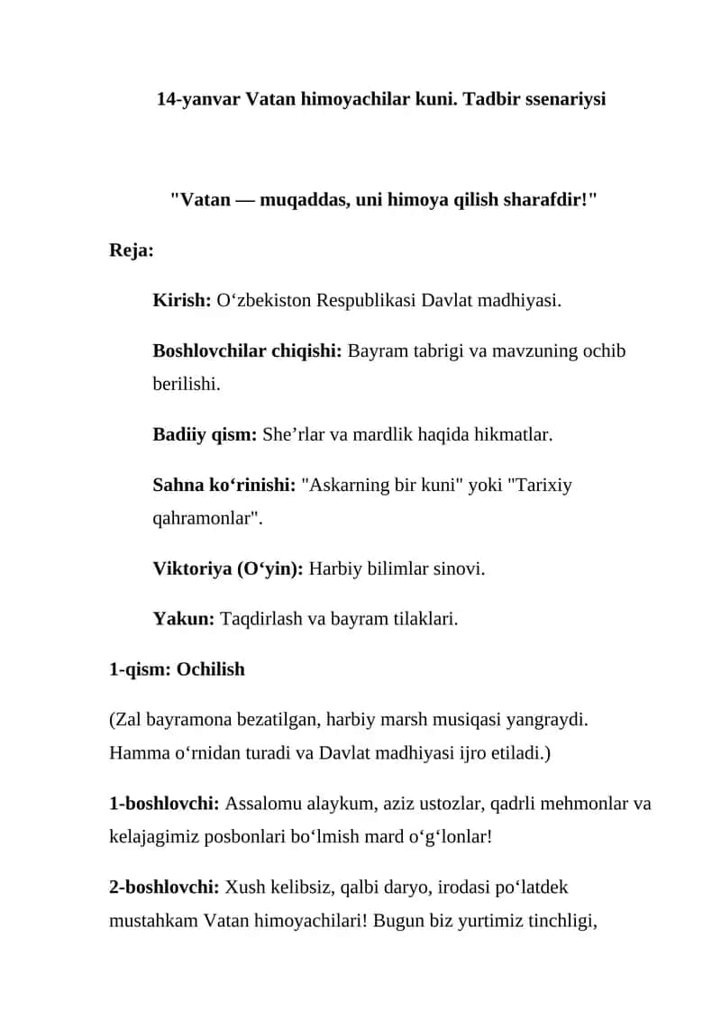 14-yanvar Vatan himoyachilar kuni. Tadbir ssenariysi      14-yanvar Vatan himoyachilari kuni uchun tadbir ssenariylari          14 Yanvar Vatan Himoyachilari Kuni Tadbir Ishlanmasi | 1
