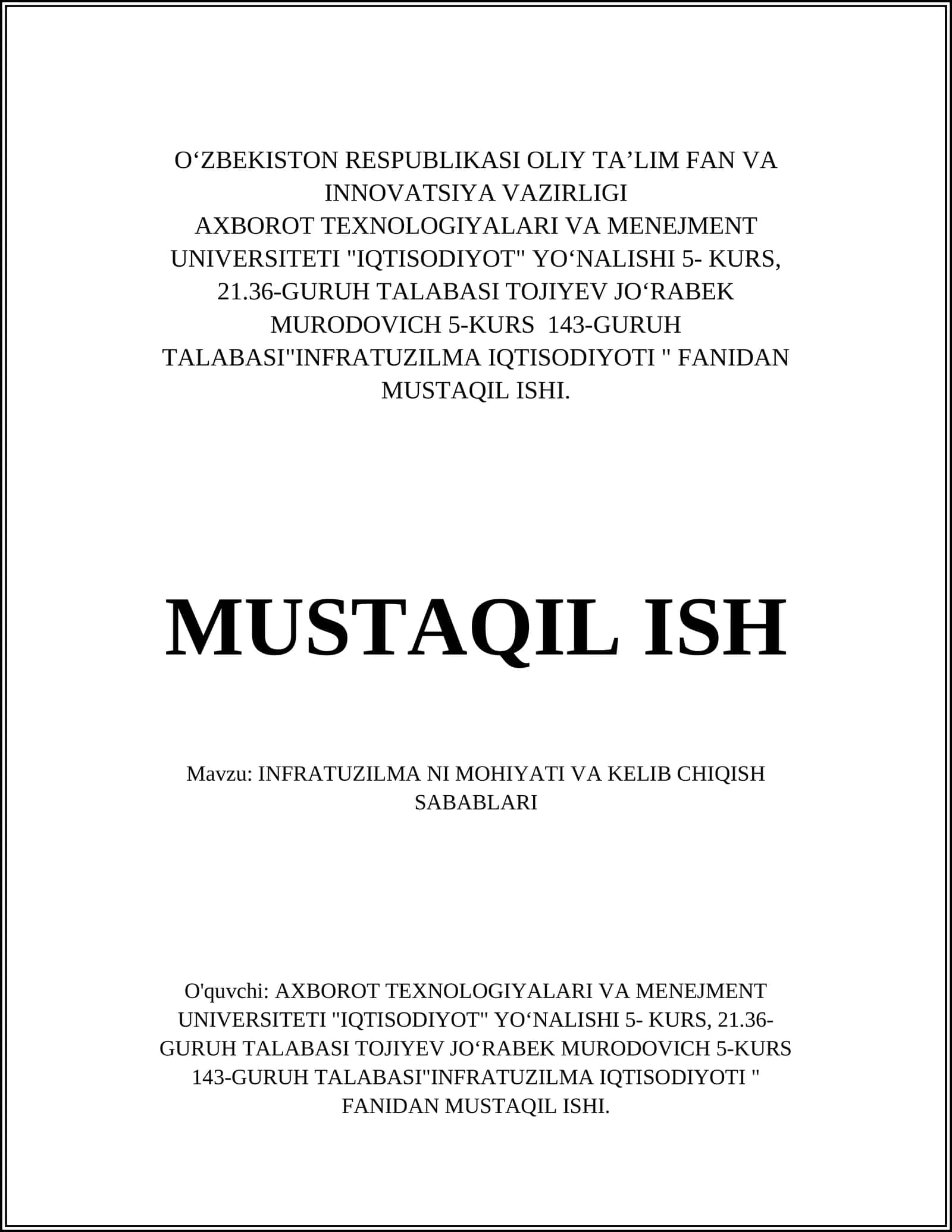INFRATUZILMA NI MOHIYATI VA KELIB CHIQISH SABABLARI 1