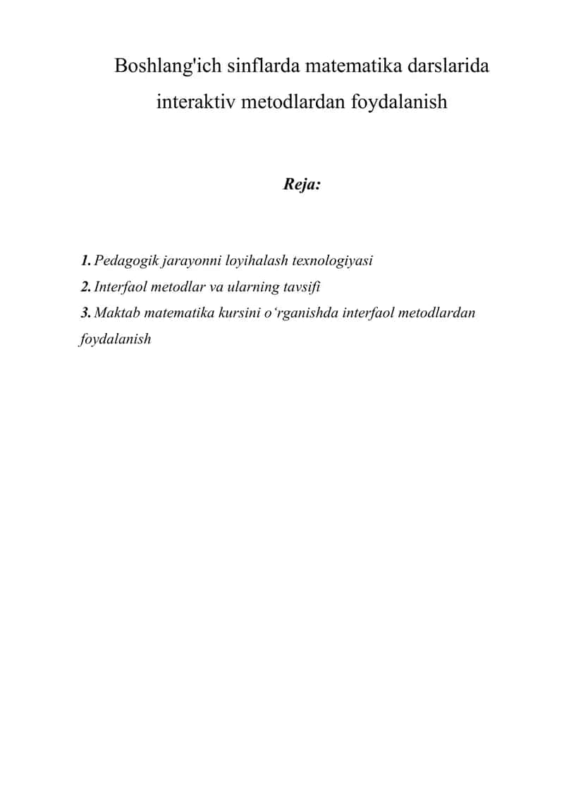Boshlang'ich sinflarda matematika darslarida interaktiv metodlardan foydalanish 1