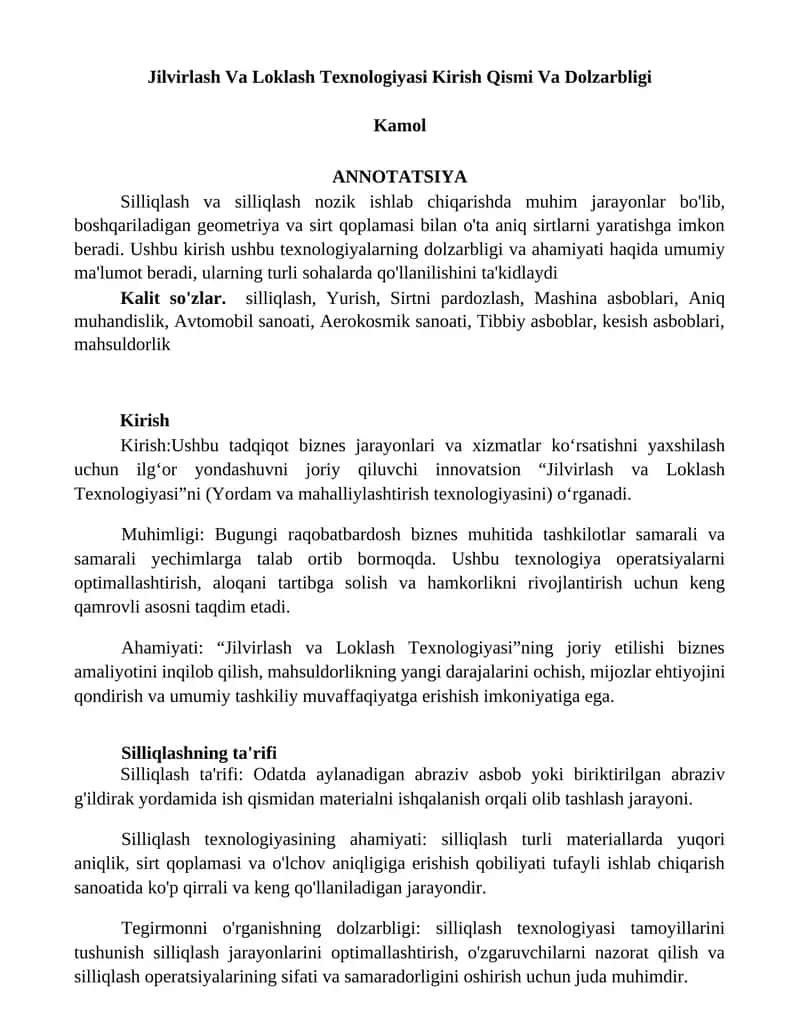 Jilvirlash Va Loklash Texnologiyasi Kirish Qismi Va Dolzarbligi 1