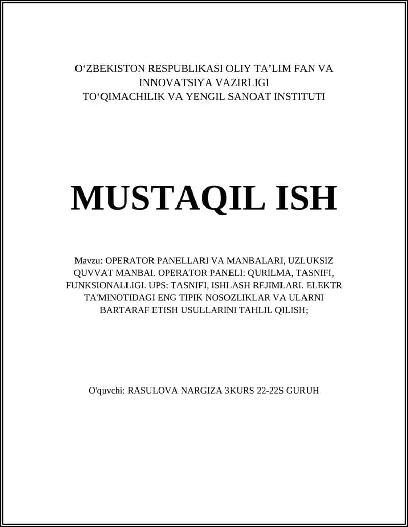 OPERATOR PANELLARI VA MANBALARI, UZLUKSIZ QUVVAT MANBAI 1