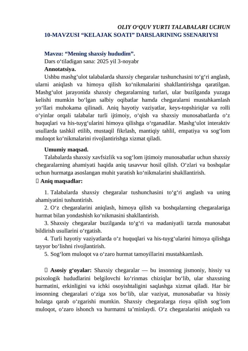 "KELAJAK SOATI" DARSLARINING SSENARIYSI 1