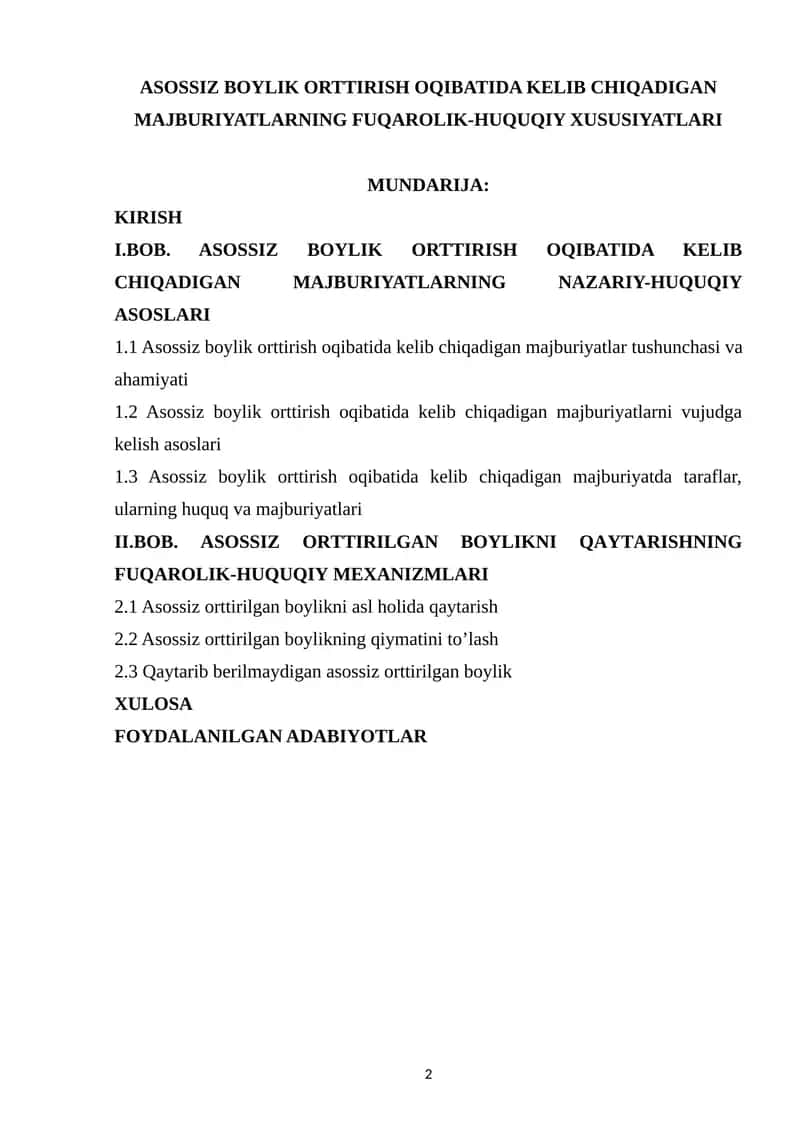ASOSSIZ BOYLIK ORTTIRISH OQIBATIDA KELIB CHIQADIGAN MAJBURIYATLARNING FUQAROLIK-HUQUQIY XUSUSIYATLARI 1