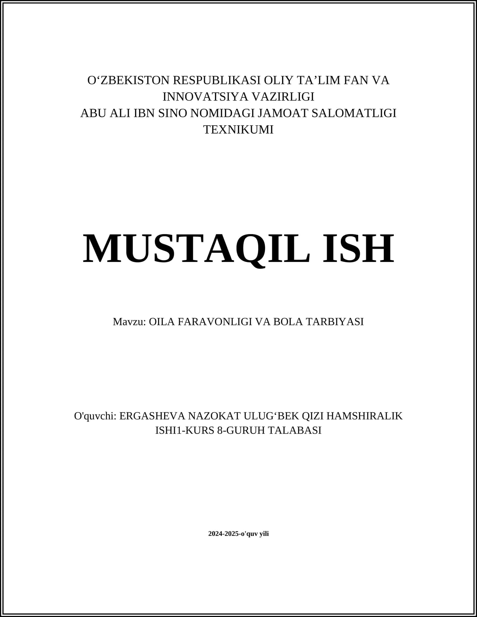 OILA FARAVONLIGI VA BOLA TARBIYASI 1