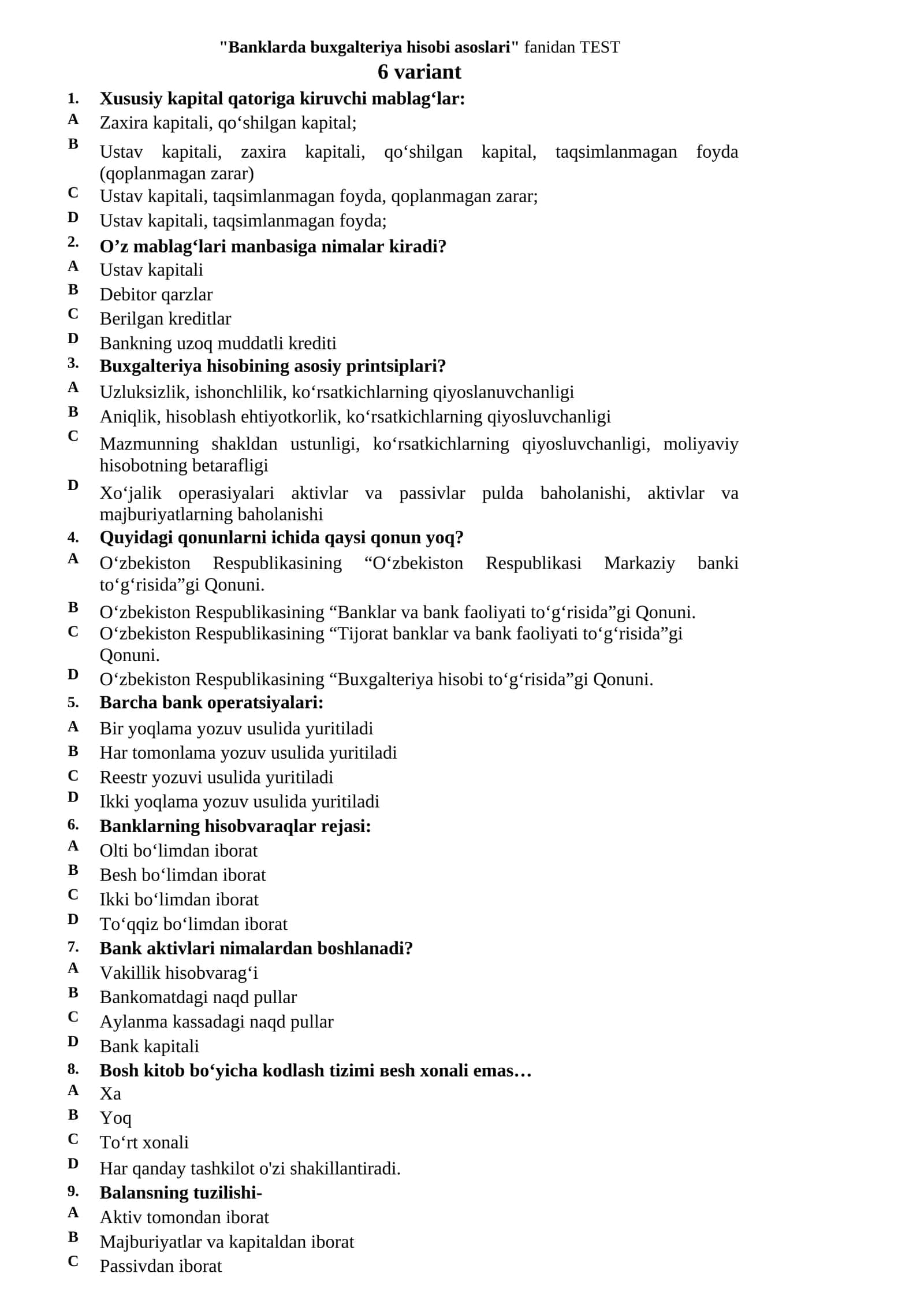 Banklarda buxgalteriya hisobi asoslari fanidan TEST 1