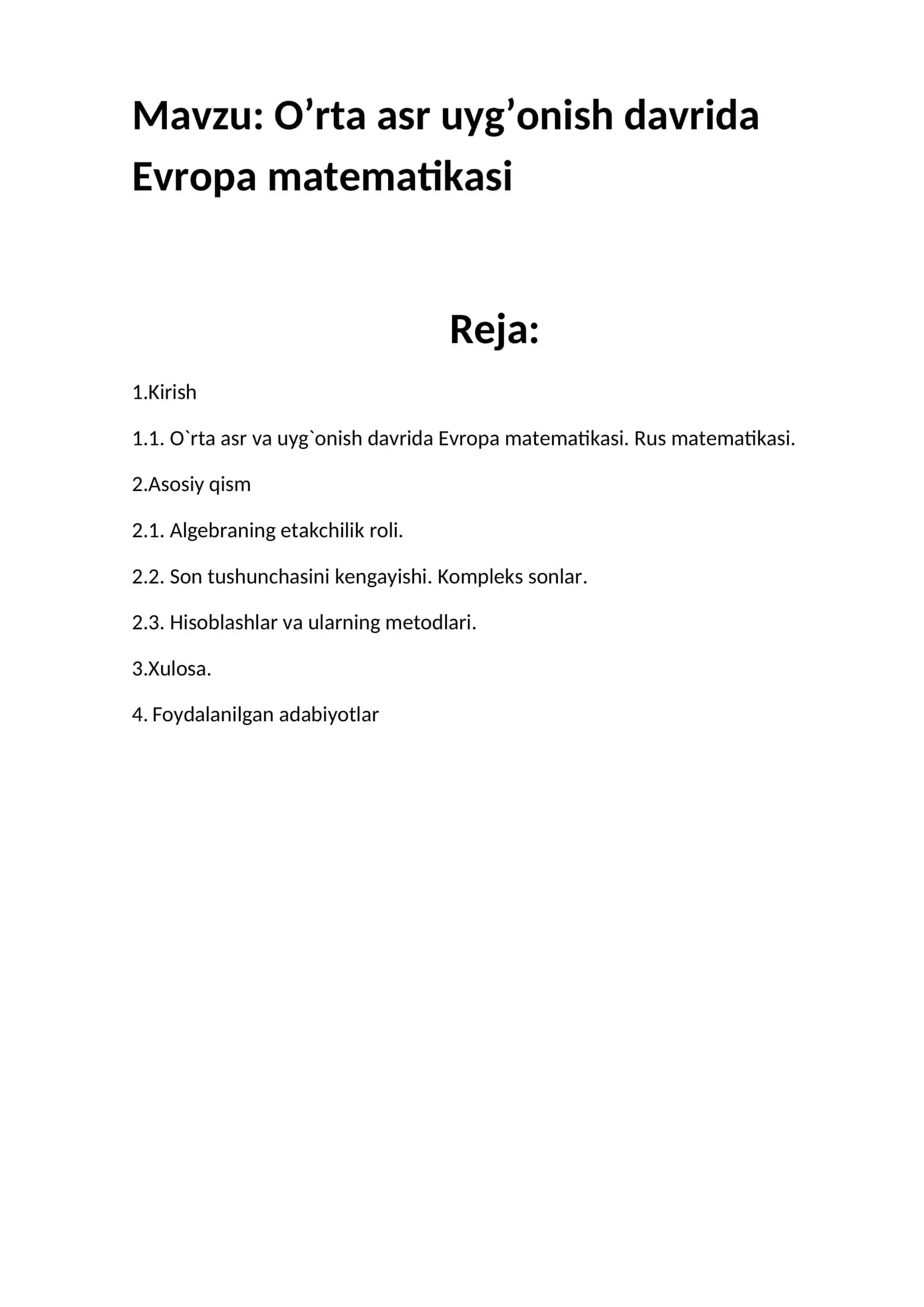 O’rta asr uyg’onish davrida Evropa matematikasi 1