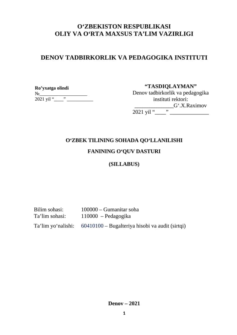 O‘ZBEK TILINING SOHADA QO‘LLANILISHI FANINING O‘QUV DASTURI (SILLABUS) 1