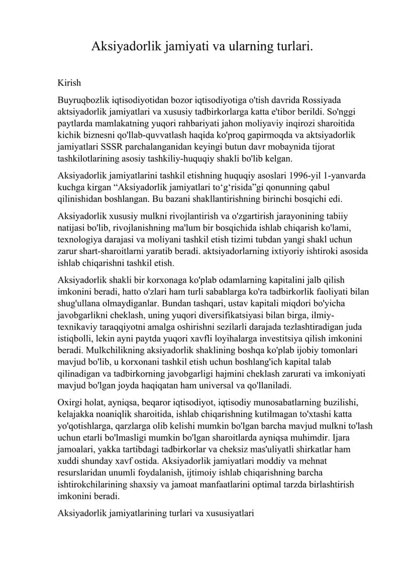 Aksiyadorlik jamiyati va ularning turlari 1