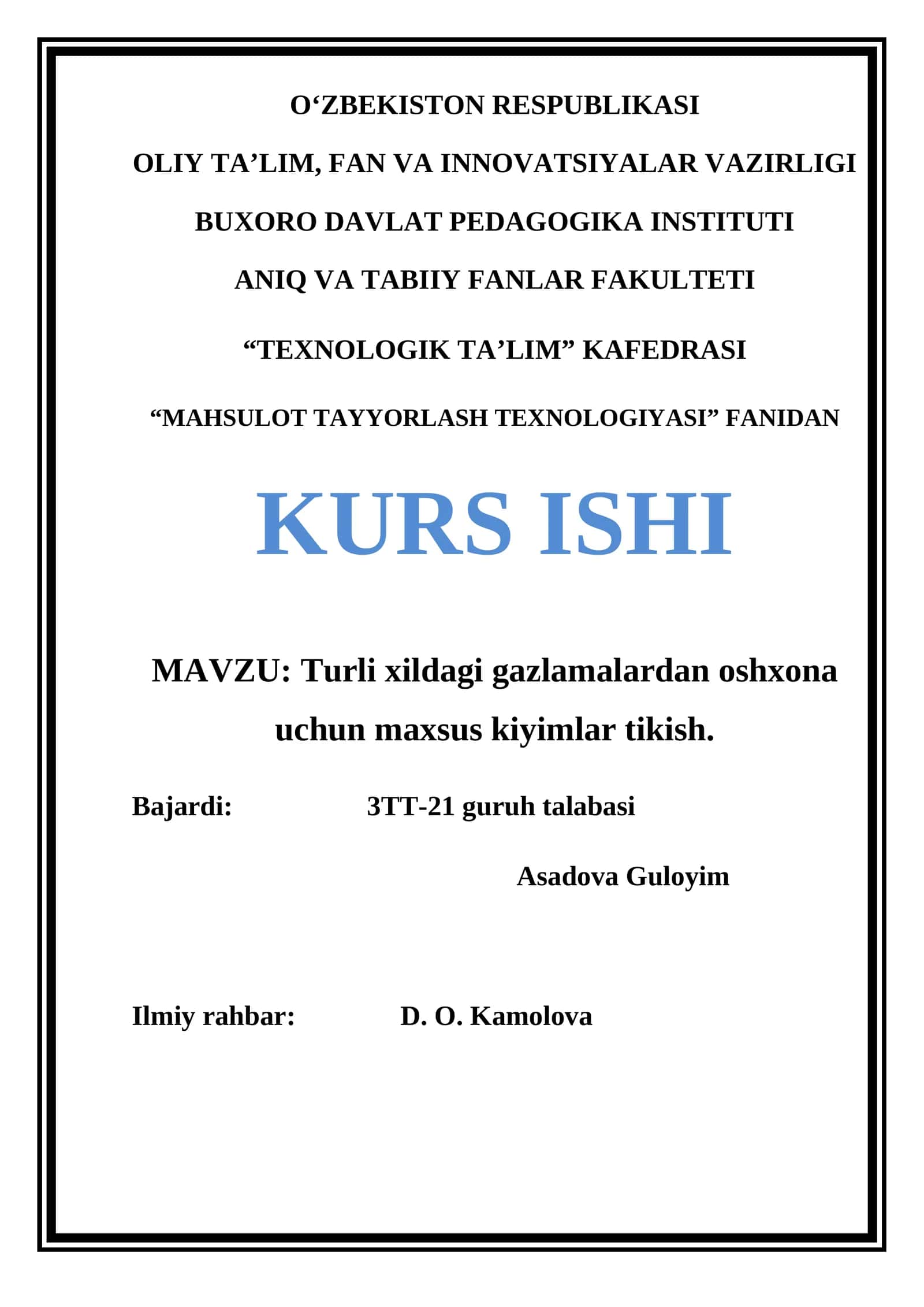 "Turli xildagi gazlamalardan oshxona uchun maxsus kiyimlar tikish" 1