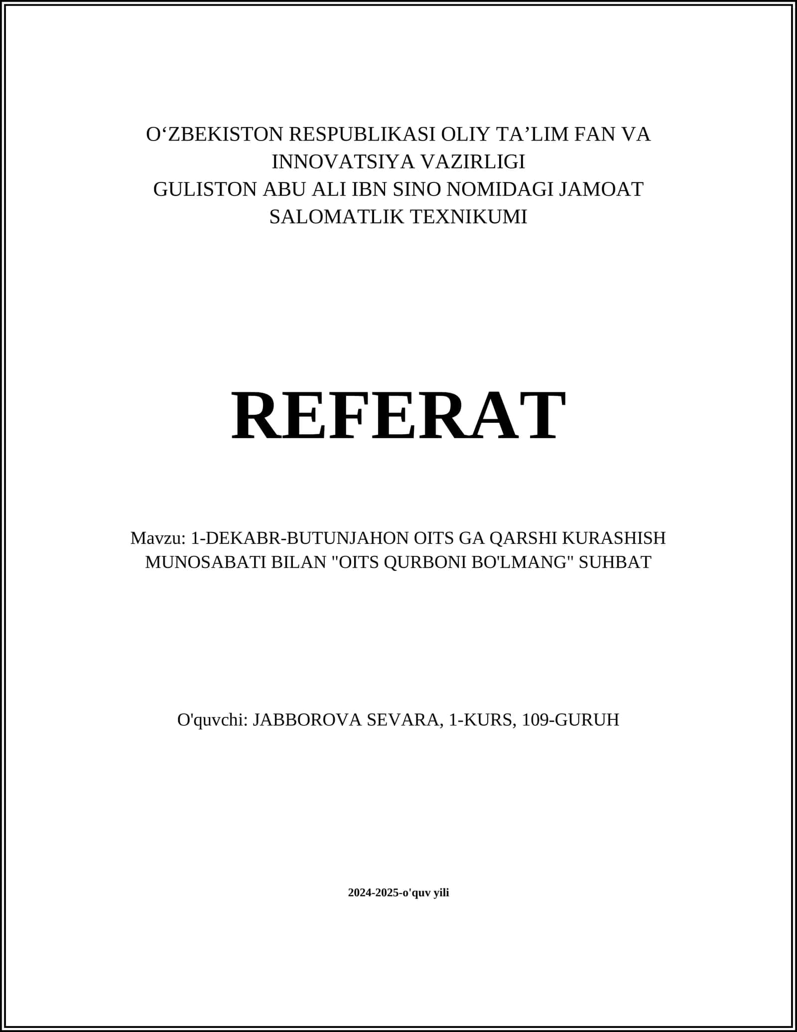 JAMOAT SALOMATLIK TEXNIKUMI REFERAT 1