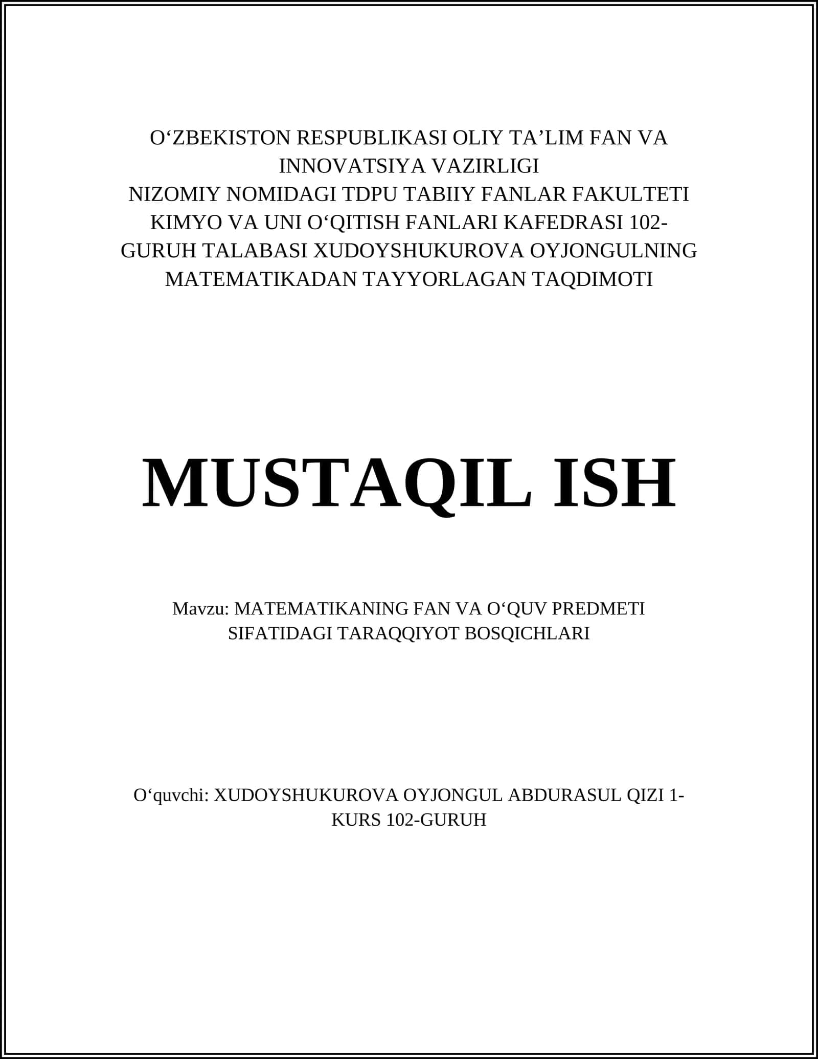 XUDOYSHUKUROVA OYJONGULNING MATEMATIKADAN TAYYORLAGAN TAQDIMOTI 1