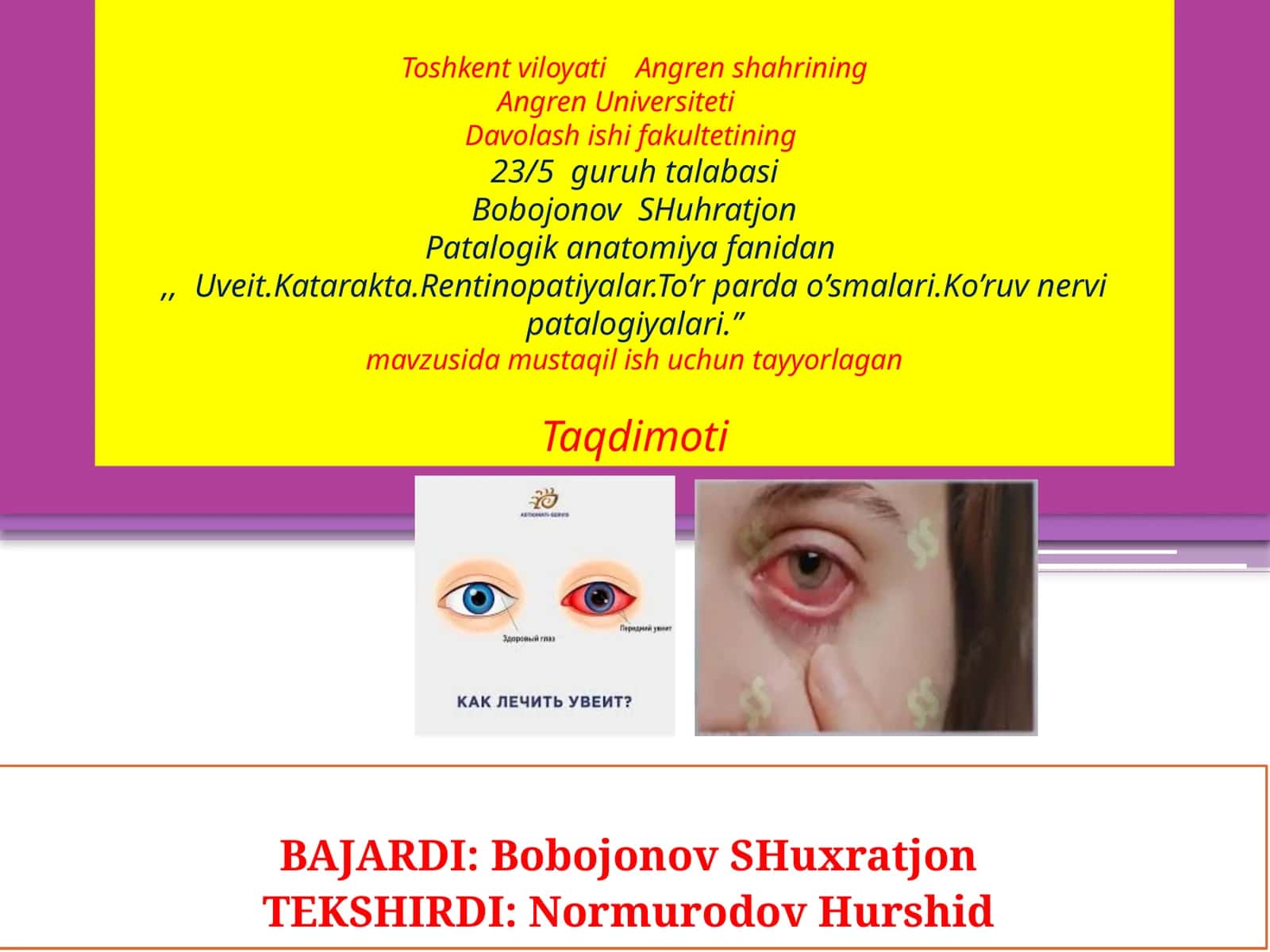 Angren Universiteti Davolash Fakulteti Talabasi Mustaqil Ish 1