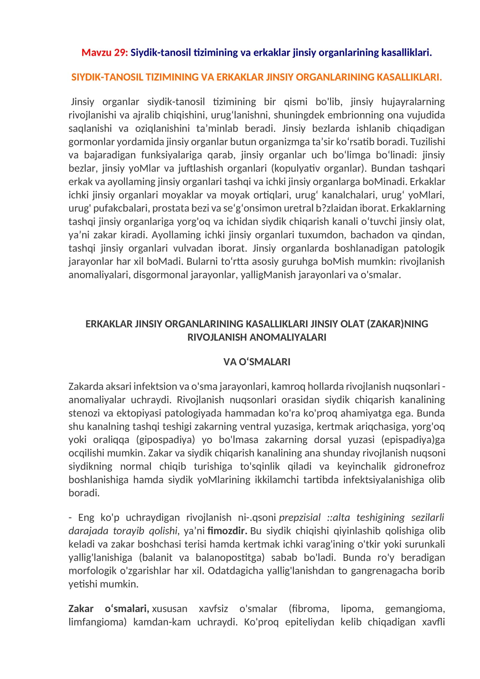 Siydik-tanosil tizimining va erkaklar jinsiy organlarining kasalliklari 1