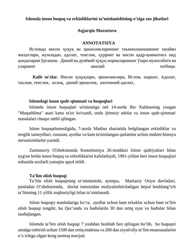 Islomda inson huquq va erkinliklarini ta’minlanishining o’ziga xos jihatlari 1