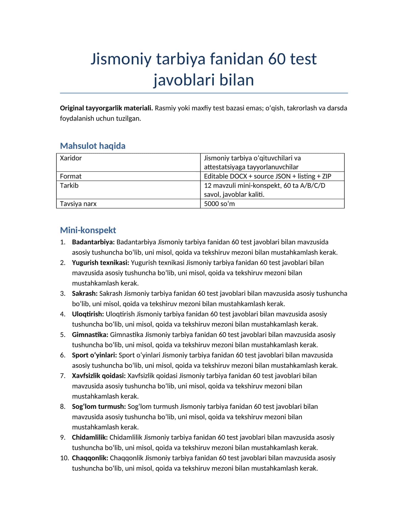 Jismoniy tarbiya fanidan 60 test javoblari bilan 1