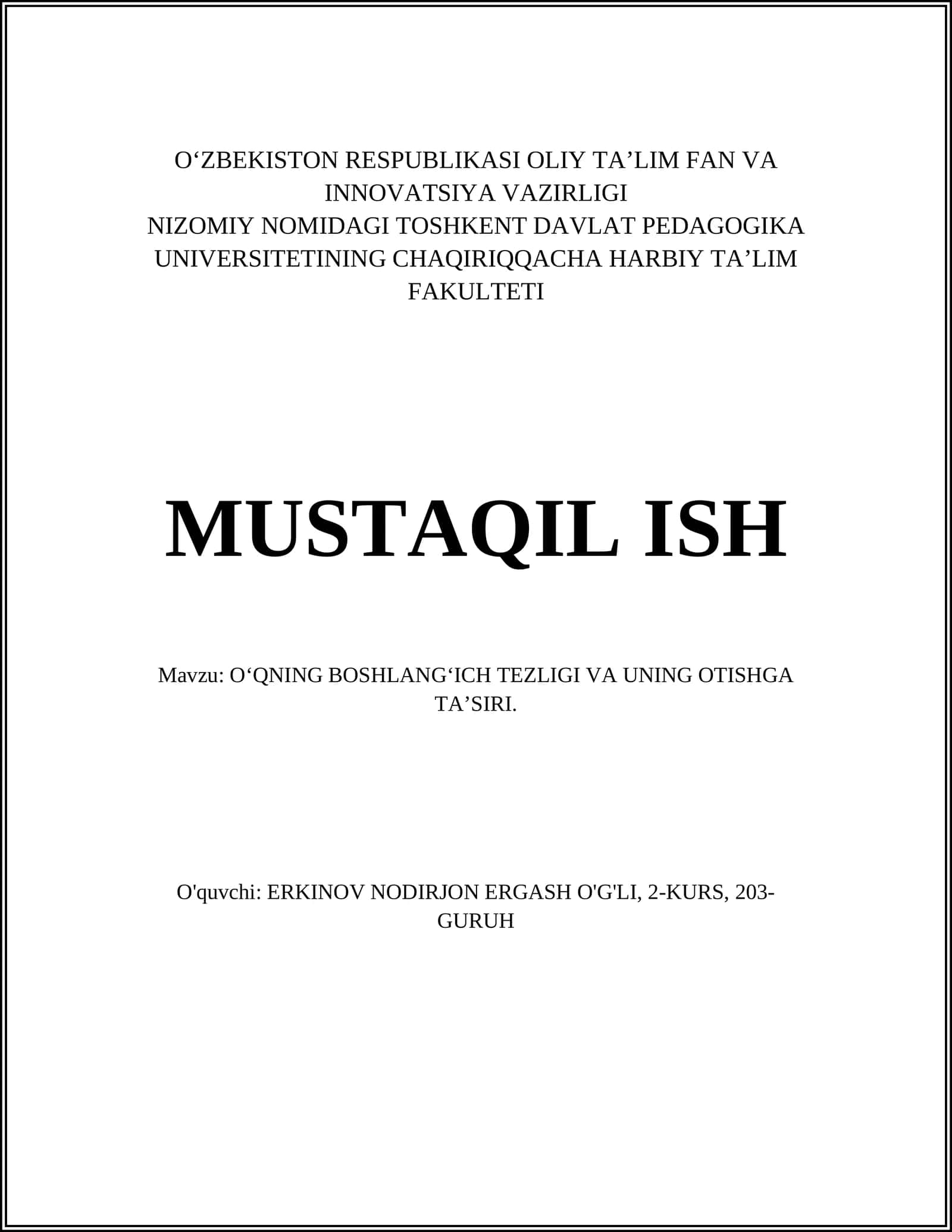 O‘QNING BOSHLANG‘ICH TEZLIGI VA UNING OTISHGA TA’SIRI 1