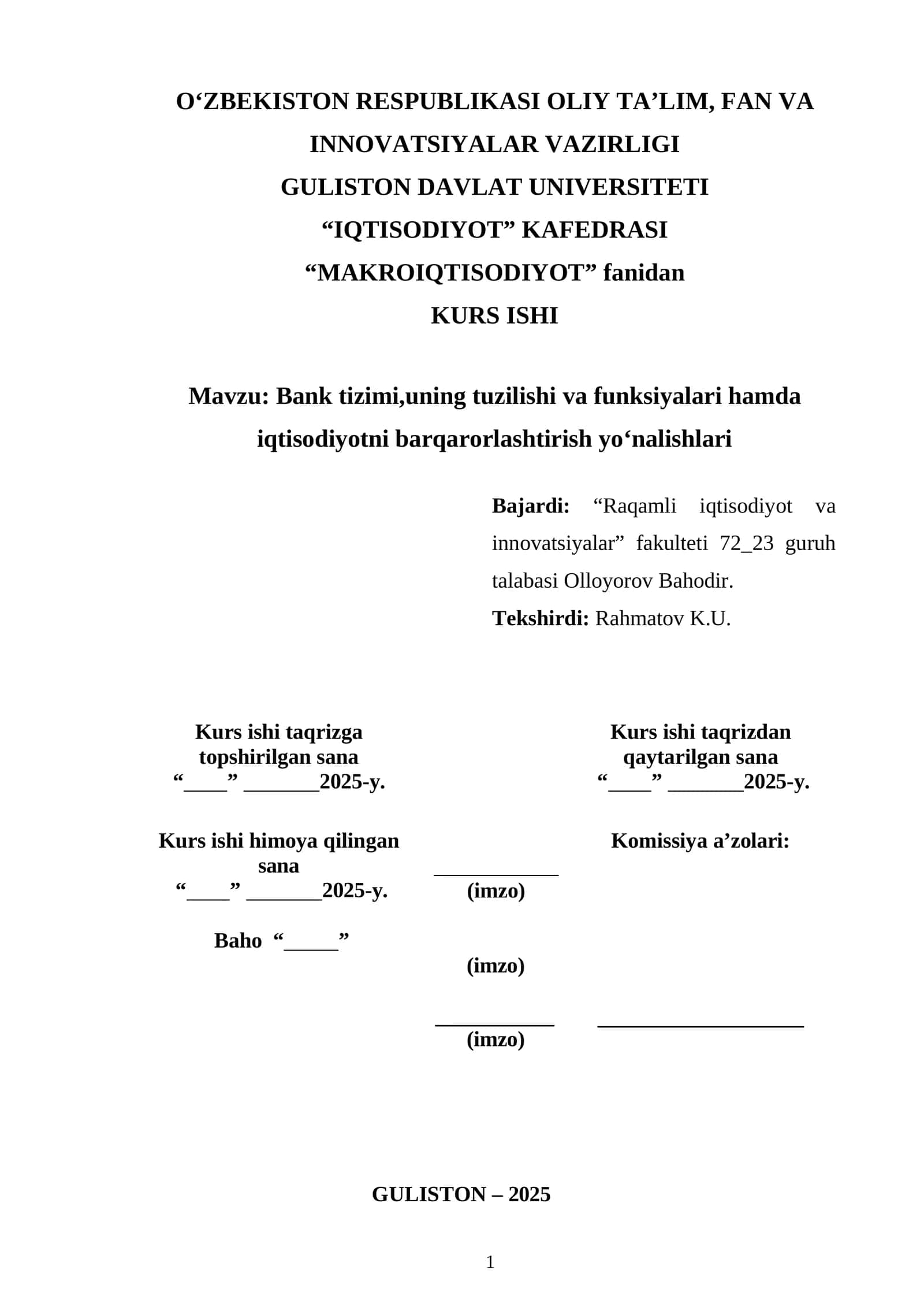 Bank tizimi,uning tuzilishi va funksiyalari hamda iqtisodiyotni barqarorlashtirish yo‘nalishlari 1