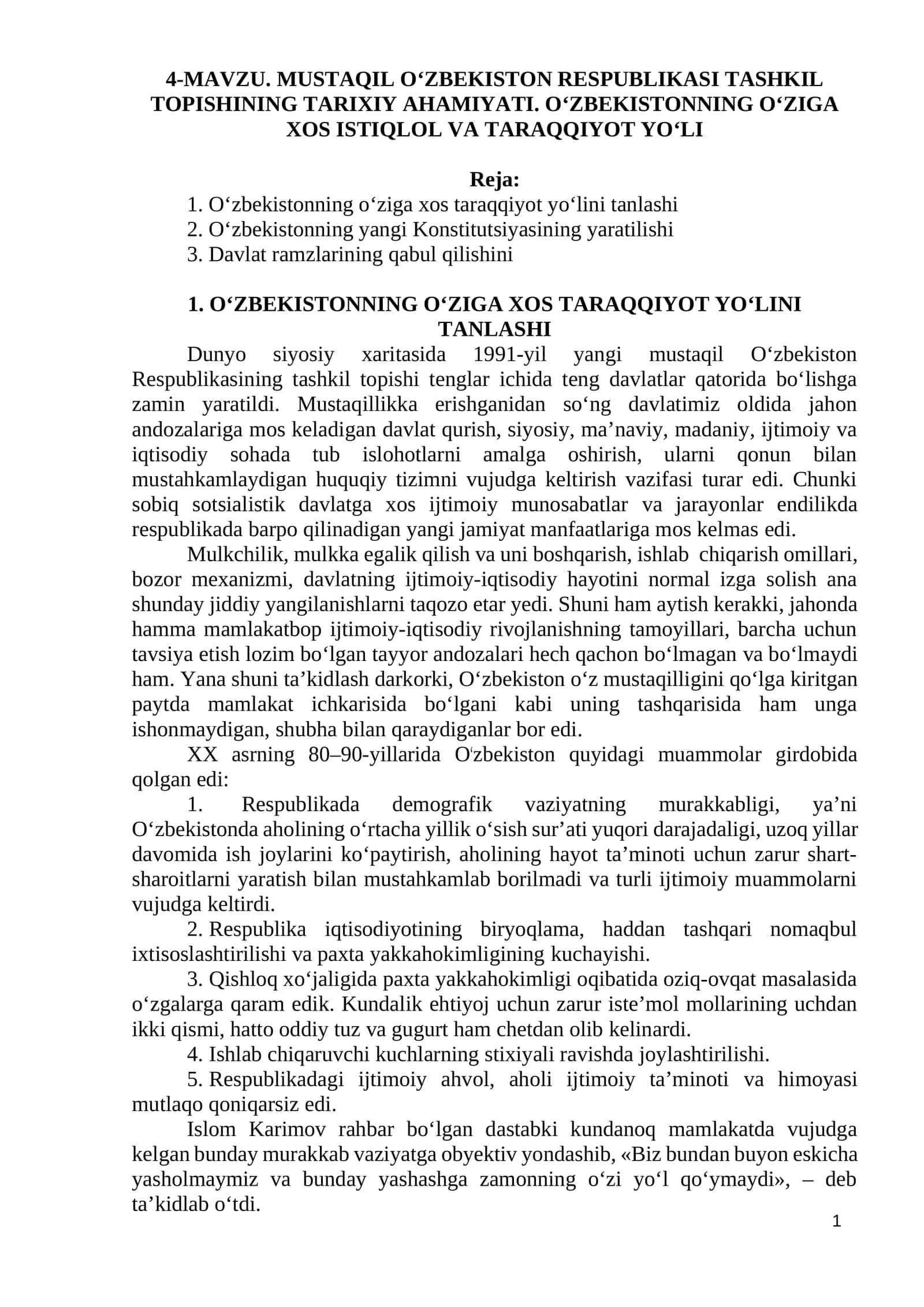 MAVZU. MUSTAQIL OʻZBEKISTON RESPUBLIKASI TASHKIL TOPISHINING TARIXIY AHAMIYATI 1