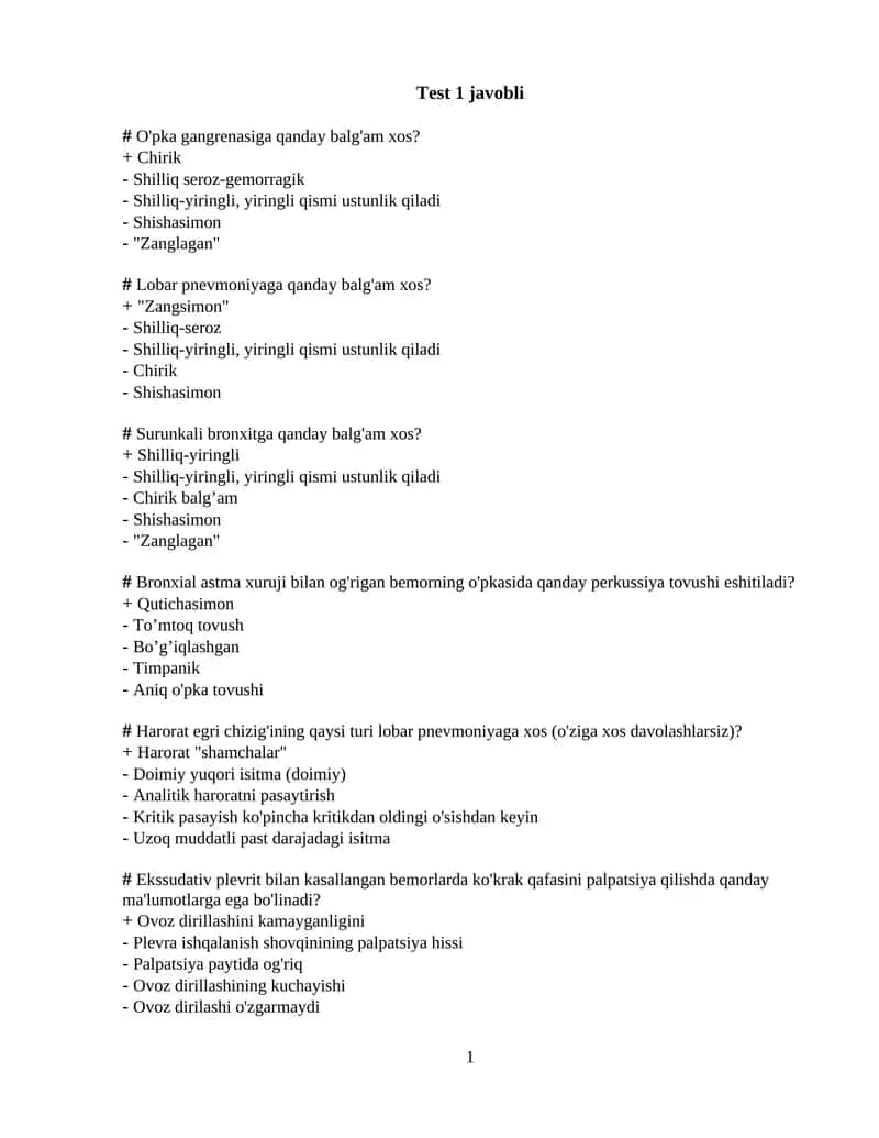 O'pka gangrenasiga qanday balg'am xos? Test 1 javobli 1