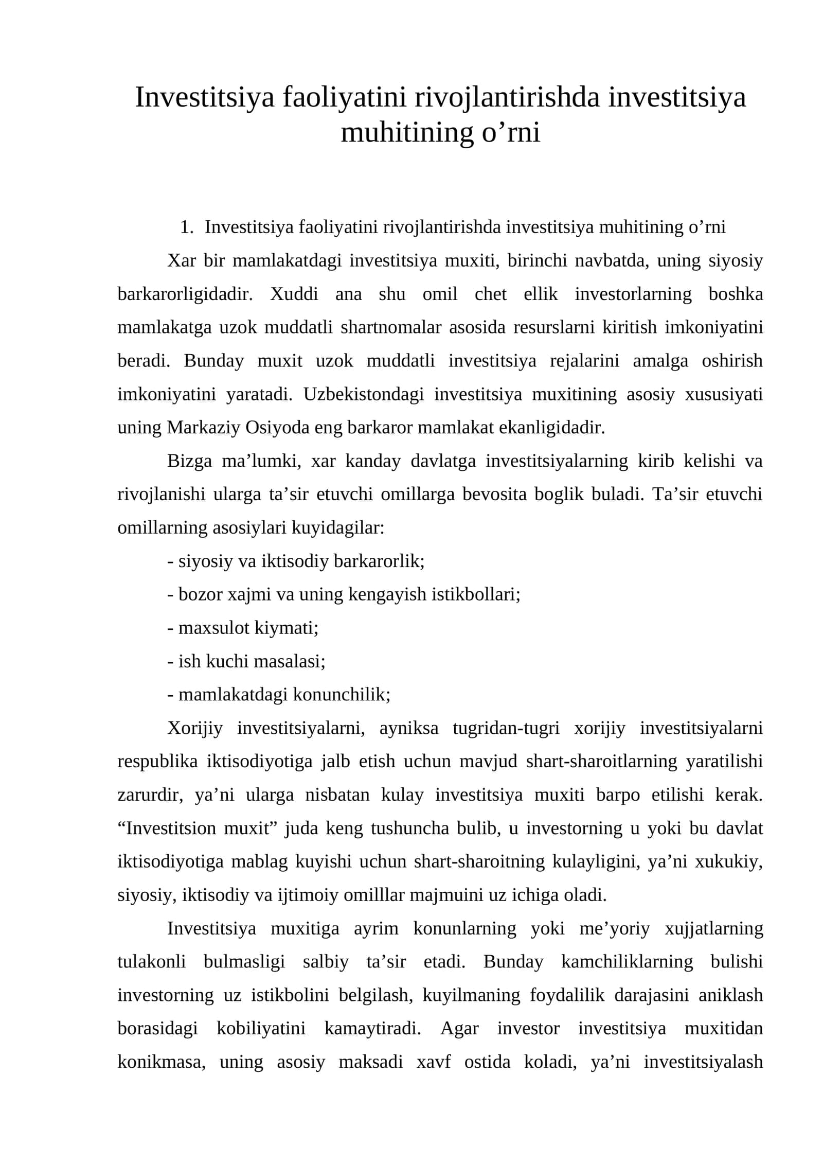 Invеstitsiya faоliyatini rivоjlantirishda invеstitsiya muhitining o’rni 1