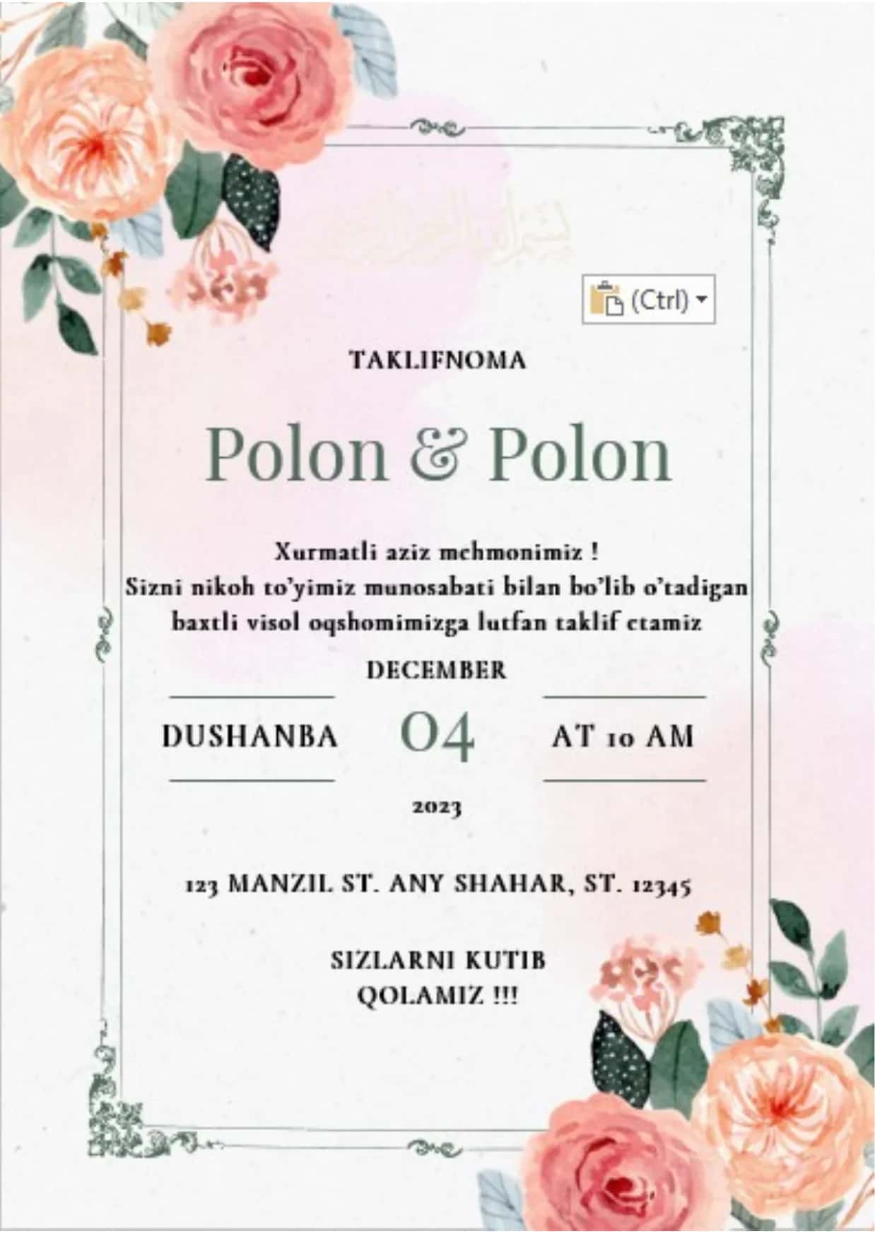 TAKLIFNOMA - To‘y hat, tug‘ilgan kun, yubiley, bayram, tadbir va boshqa quvonchli kunlaringiz uchun tayyor, chiroyli va zamonaviy tahrirlanadigan taklifnoma 1