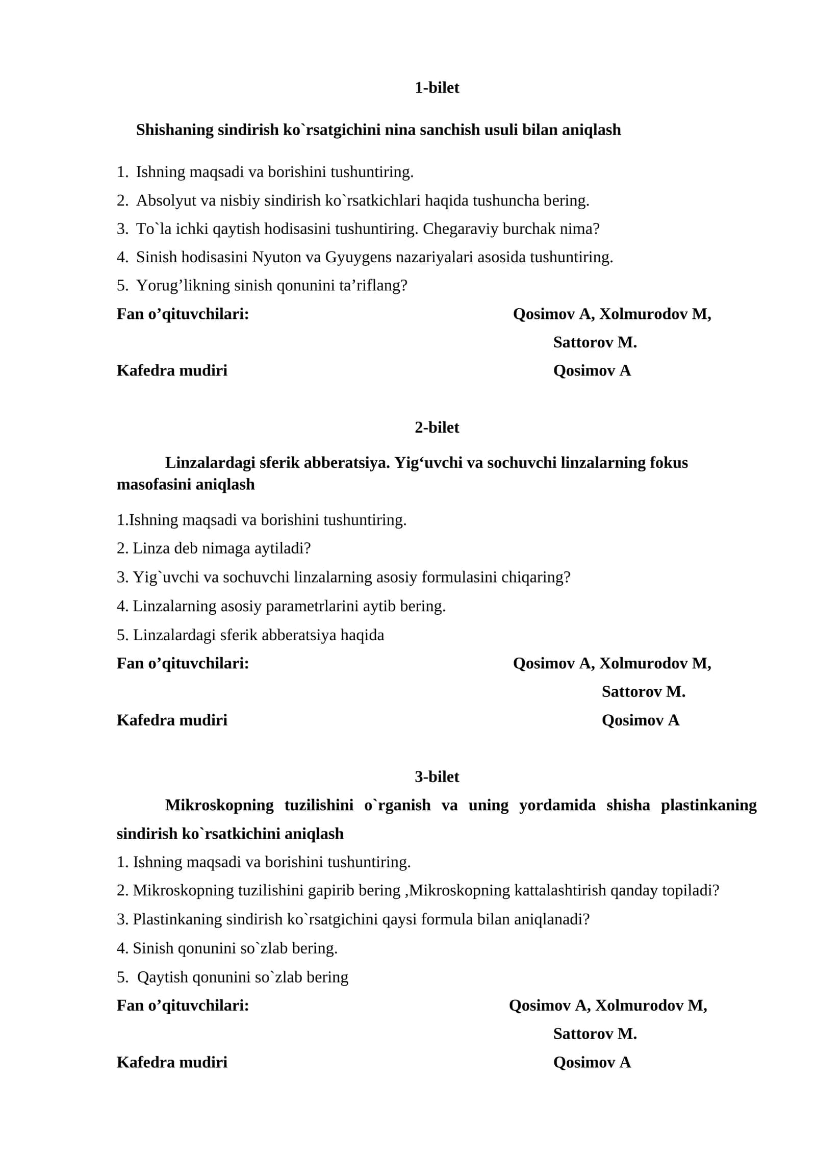 Mikroskopning tuzilishini o`rganish va uning yordamida shisha plastinkaning sindirish ko`rsatkichini aniqlash 1