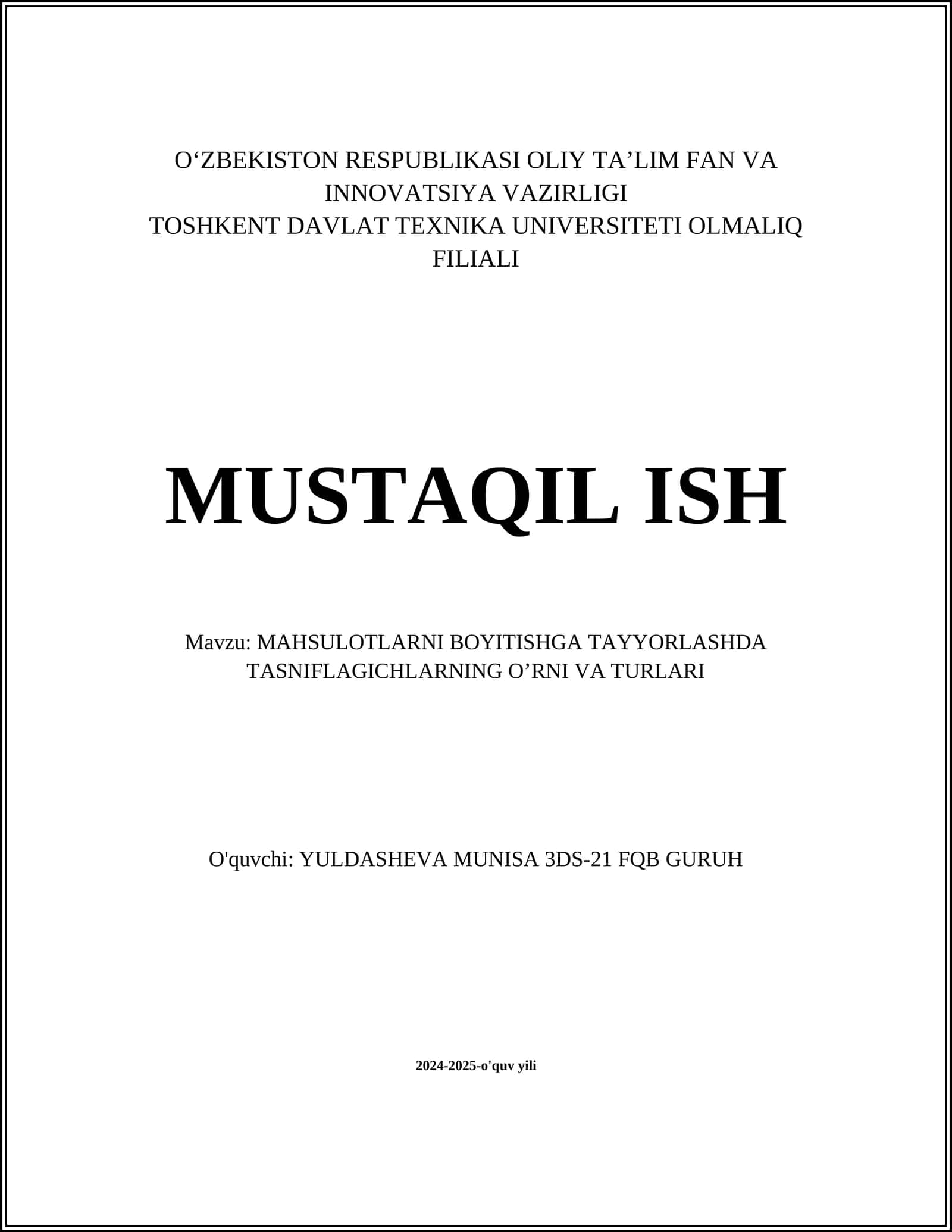 MAHSULOTLARNI BOYITISHGA TAYYORLASHDA TASNIFLAGICHLARNING O’RNI VA TURLARI 1