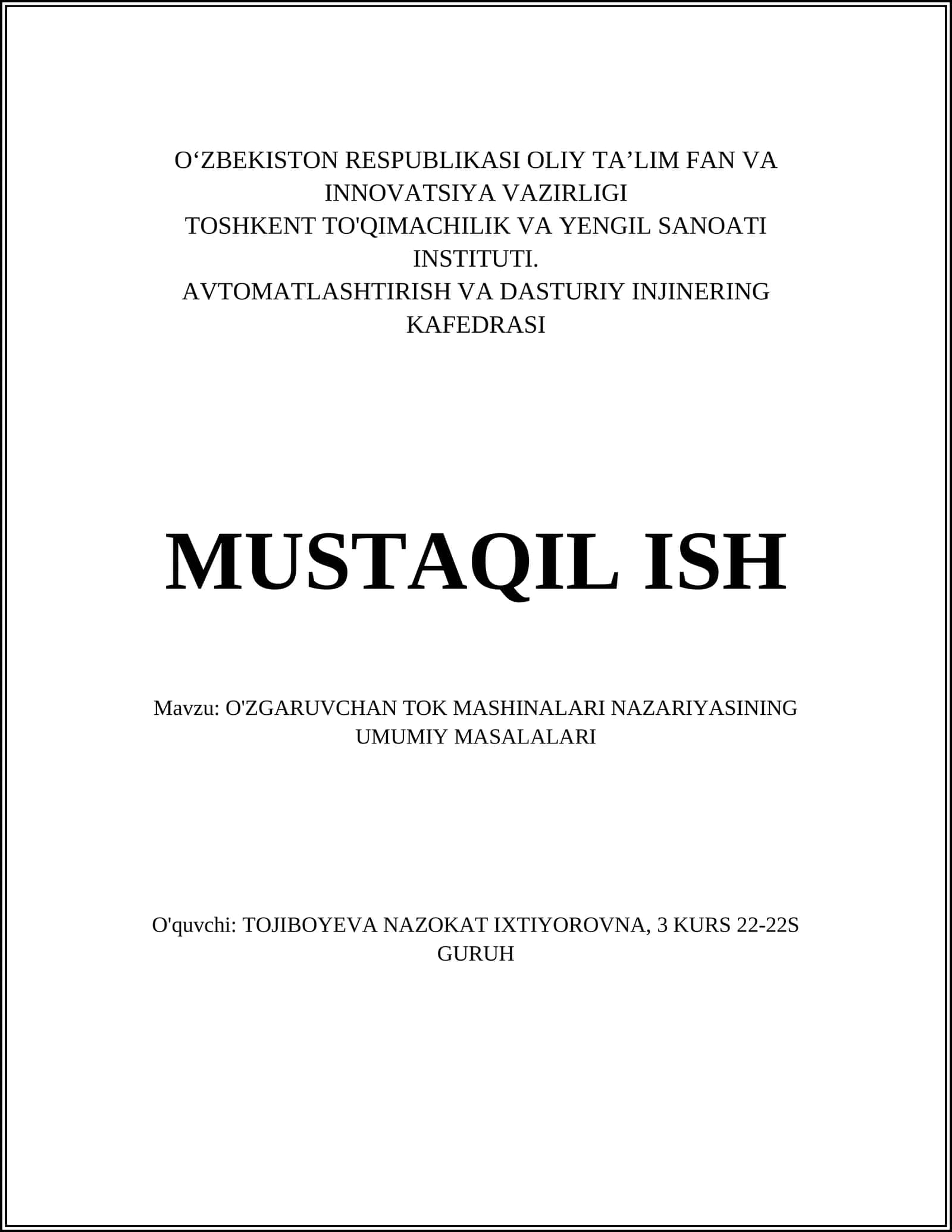 O'ZGARUVCHAN TOK MASHINALARI NAZARIYASINING UMUMIY MASALALARI 1