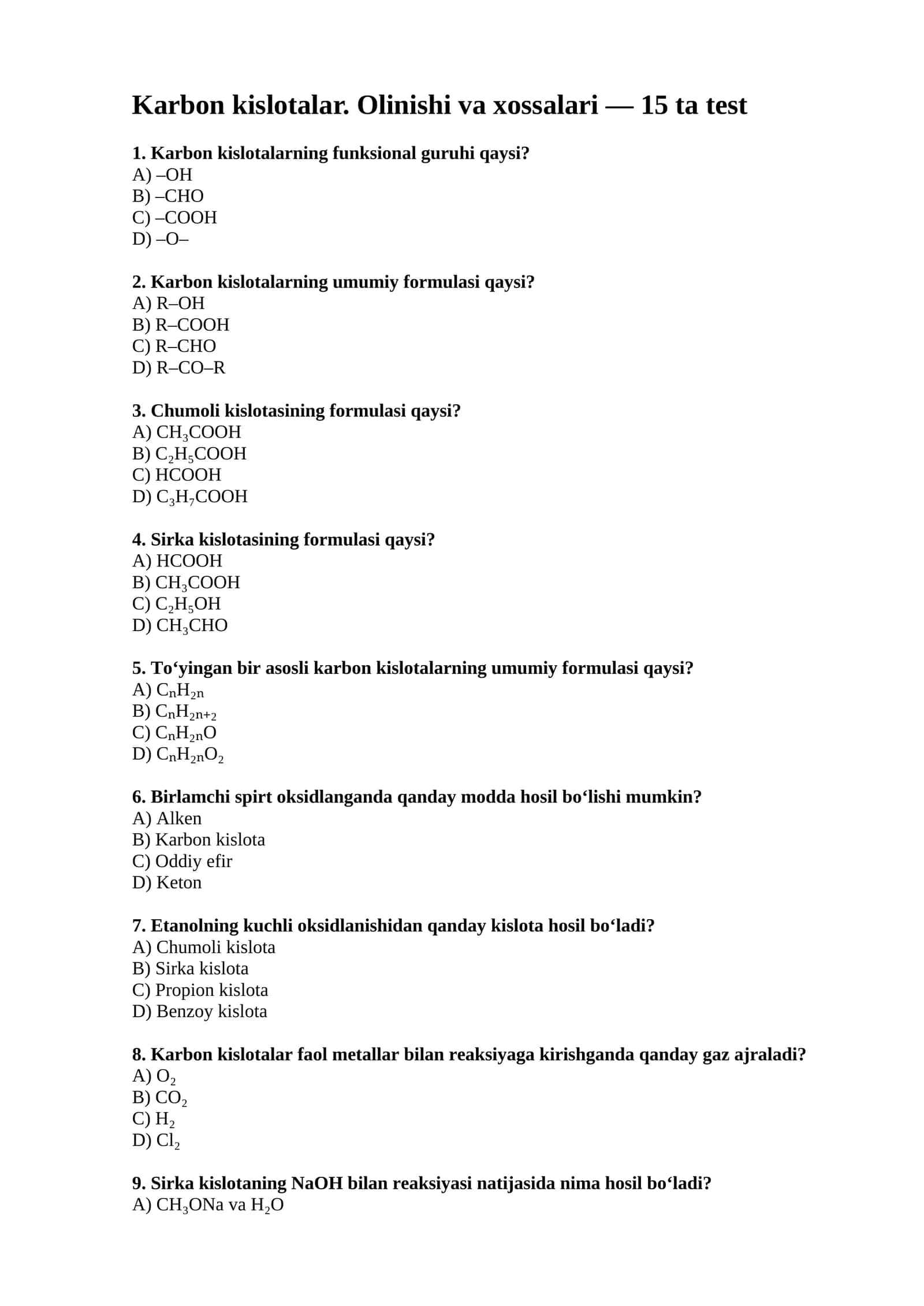Karbon kislotalar. Olinishi va xossalari 1