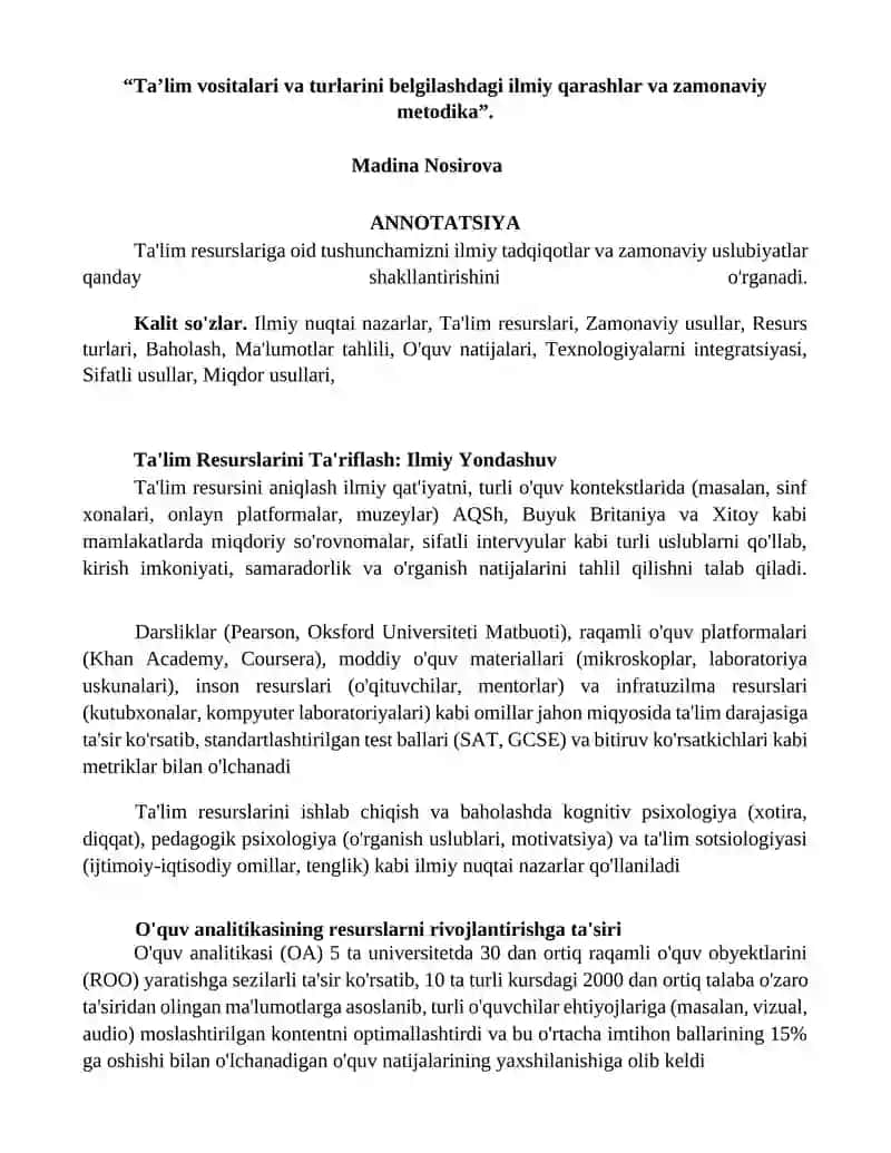 Ta'lim Resurslarini Ta'riflash: Ilmiy Yondashuv 1