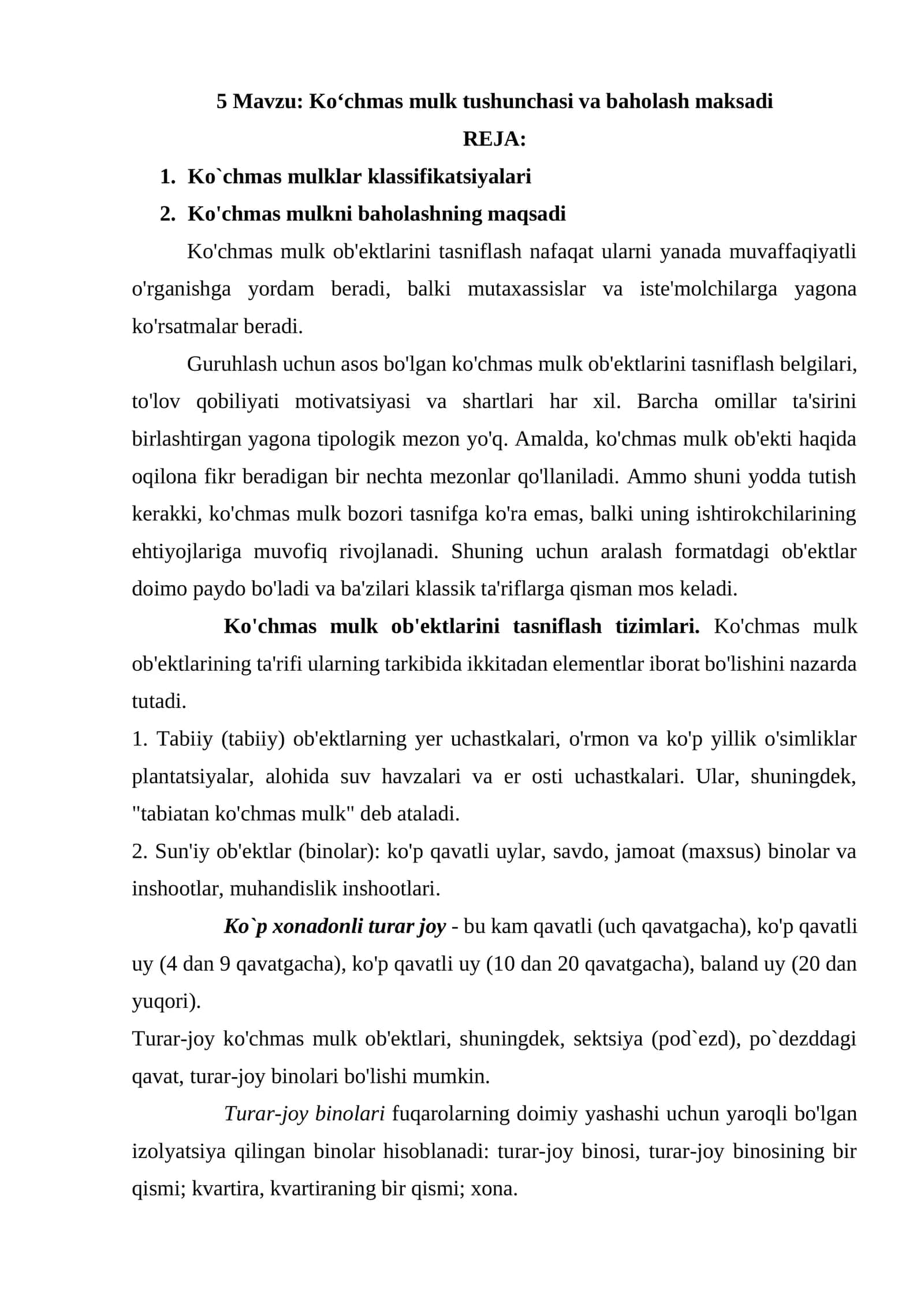 Ko‘chmas mulk tushunchasi va baholash maksadi 1