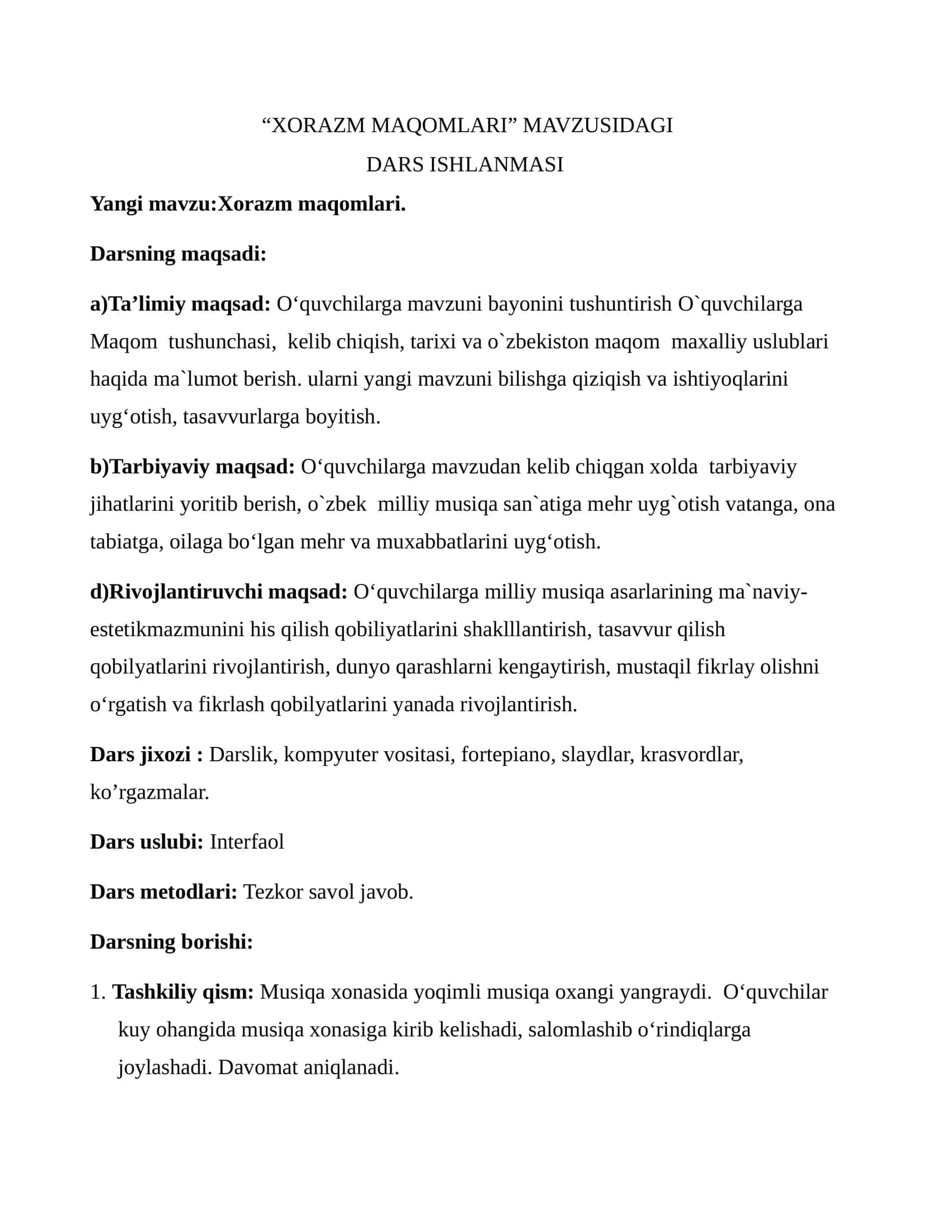 “XORAZM MAQOMLARI” MAVZUSIDAGI DARS ISHLANMASI 1