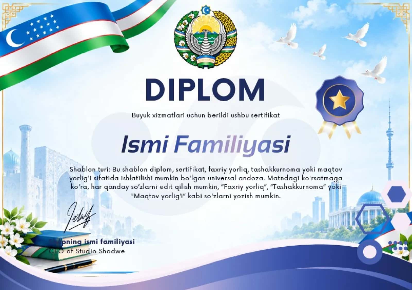Shablon diplom, sertifikat, faxriy yorliq, tashakkurnoma yoki maqtov yorlig'i 1