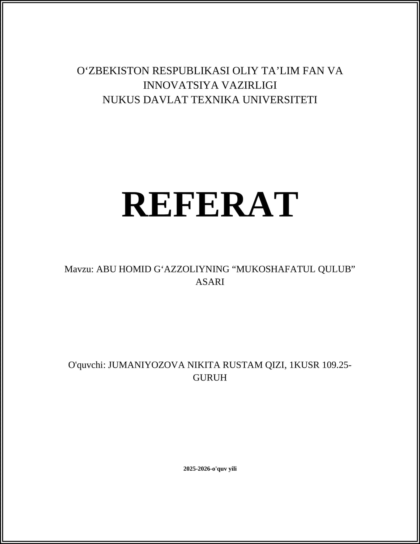 ABU HOMID GʻAZZOLIYNING “MUKOSHAFATUL QULUB” ASARI 1