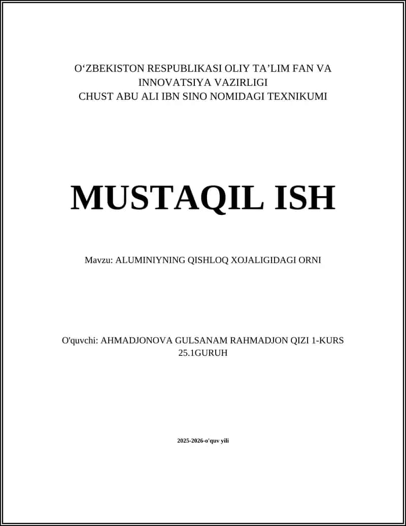 ALUMINIYNING QISHLOQ XOJALIGIDAGI ORNI 1