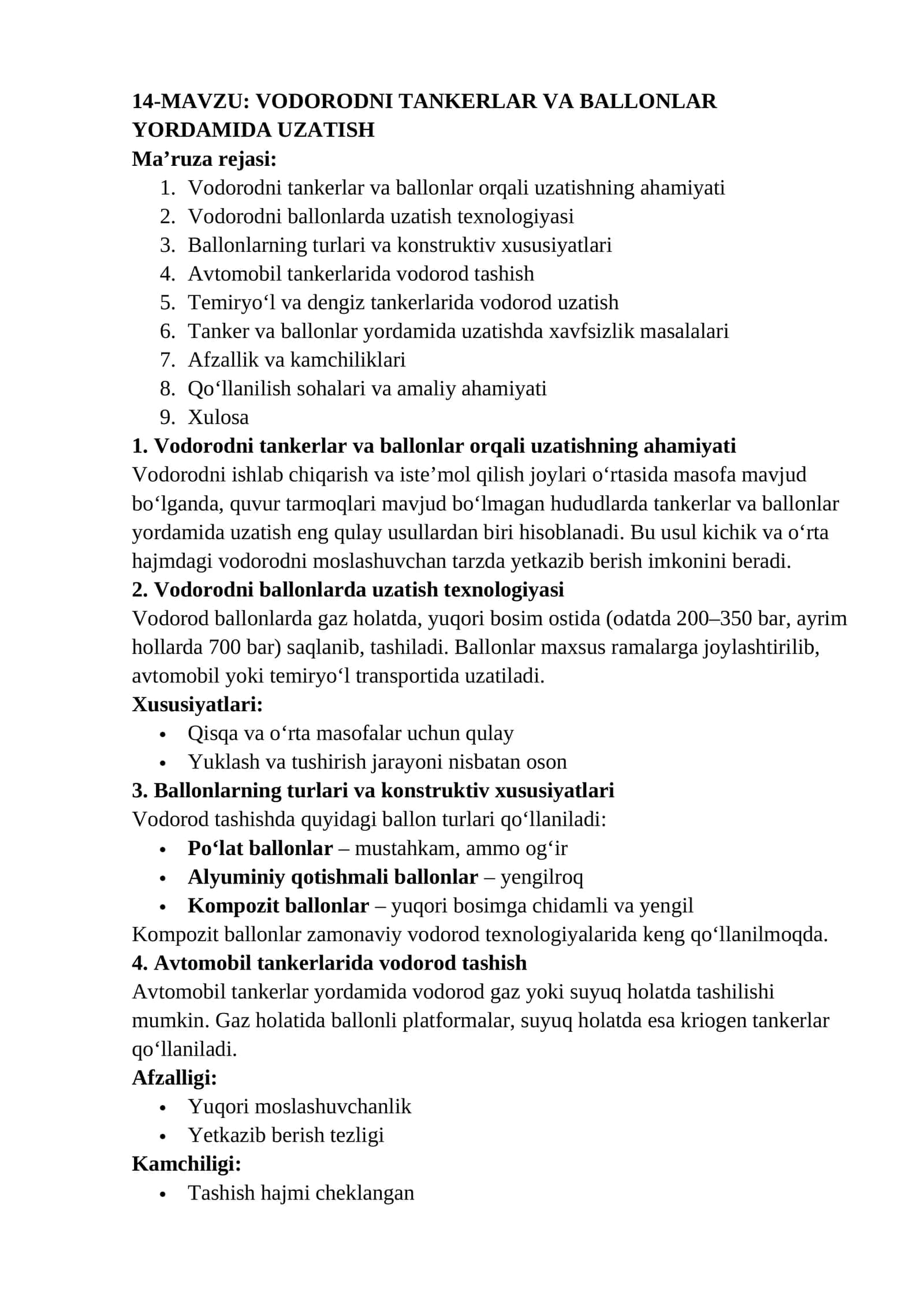 Vodorodni tankerlar va ballonlar yordamida uzatish 1