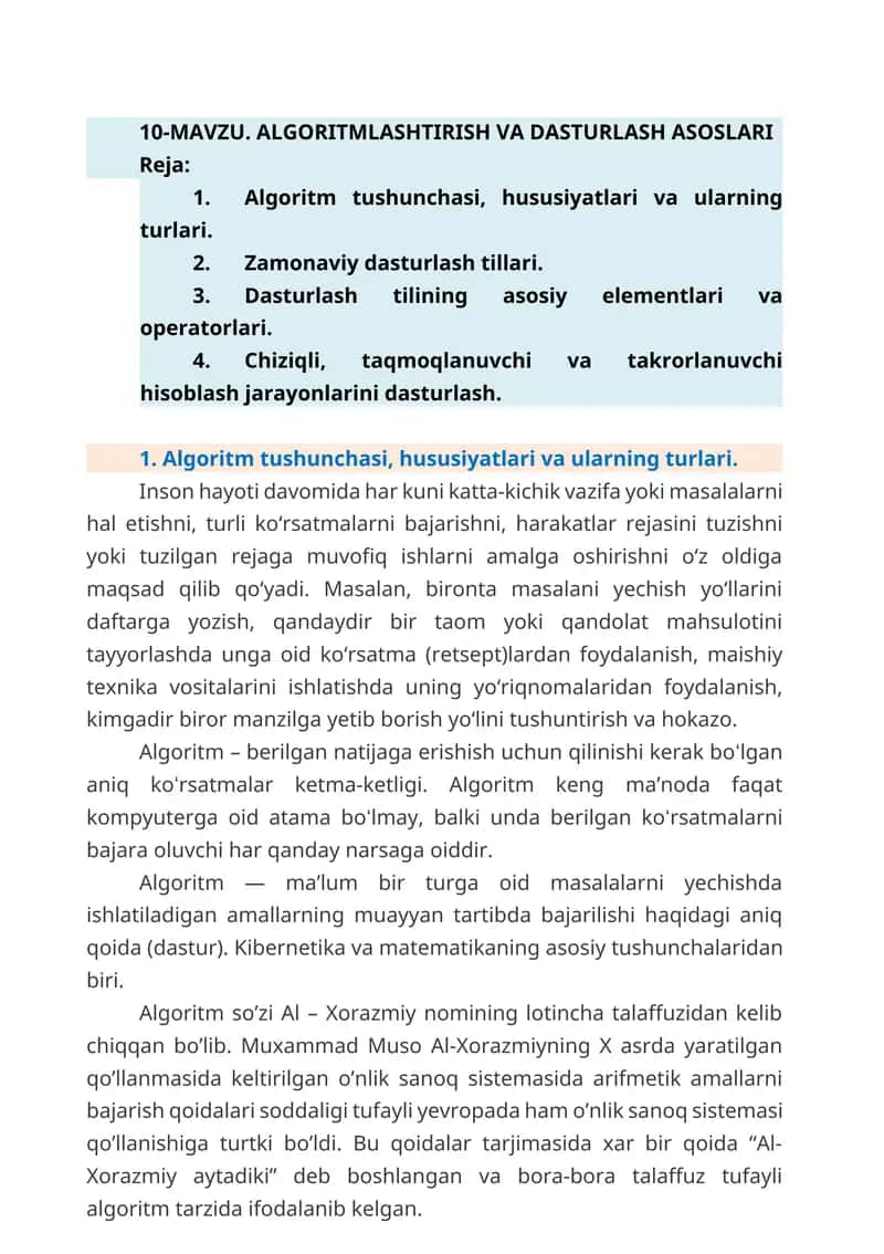 ALGORITMLASHTIRISH VA DASTURLASH ASOSLARI 1
