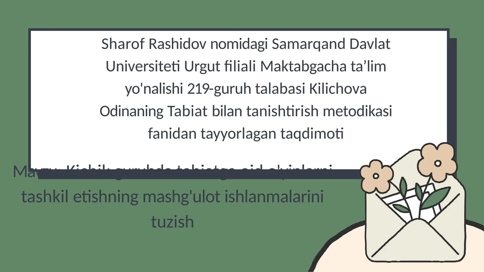 Kichik guruhda tabiatga oid o'yinlarni tashkil etishning mashg'ulot ishlanmalarini tuzish 1