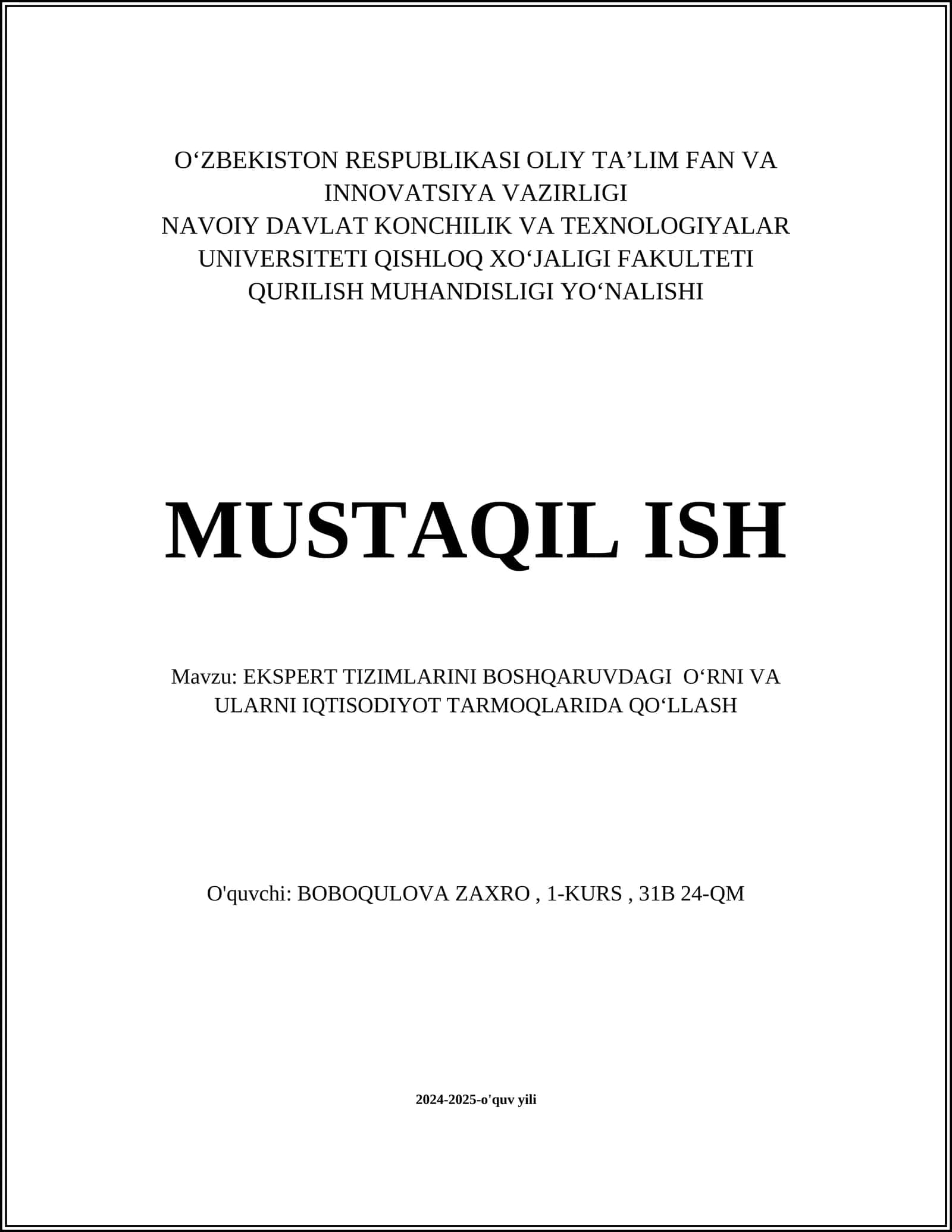 EKSPERT TIZIMLARINI BOSHQARUVDAGI OʻRNI VA ULARNI IQTISODIYOT TARMOQLARIDA QOʻLLASH 1
