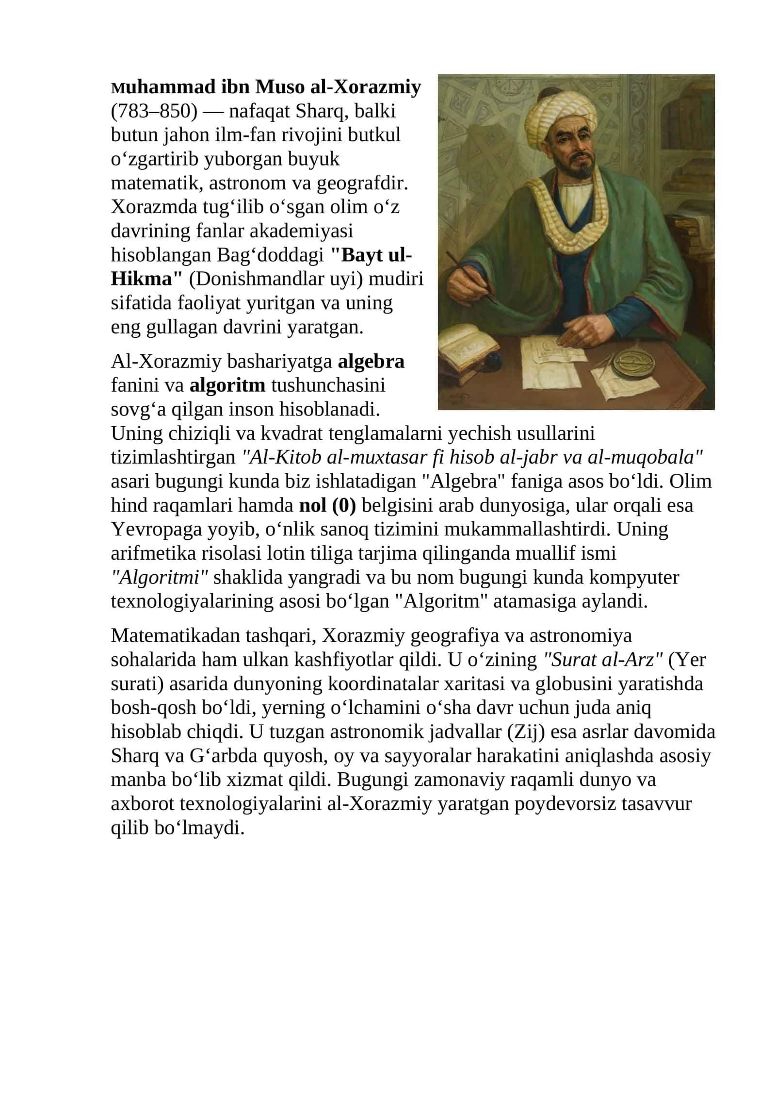 Muhammad Al Xorazmiy haqida ma'lumot 1