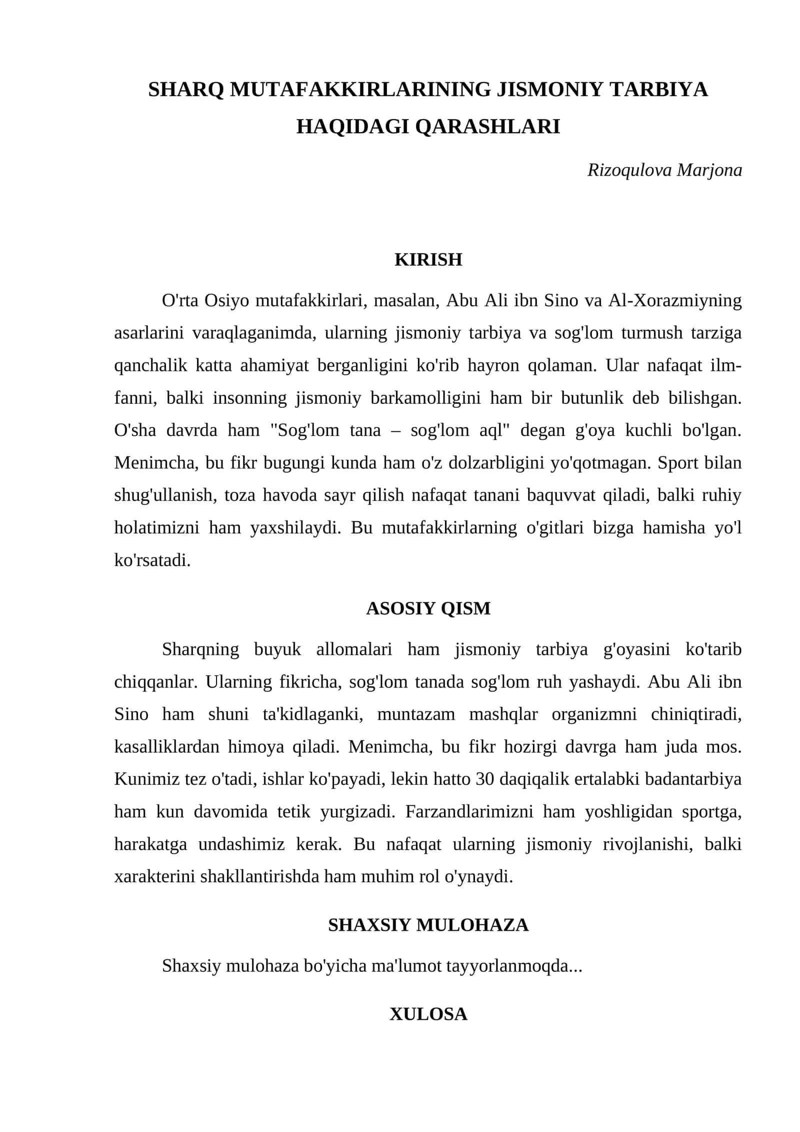 Sharq mutafakkirlarining jismoniy tarbiya haqidagi qarashlari 1