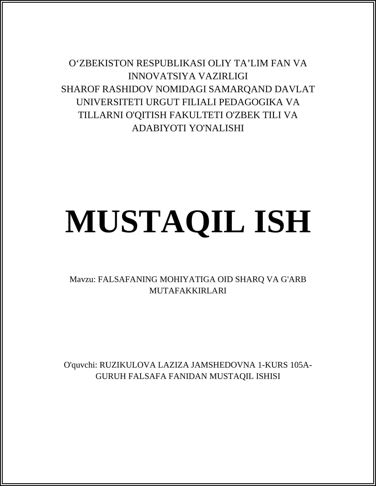 FALSAFANING MOHIYATIGA OID SHARQ VA G'ARB MUTAFAKKIRLARI 1