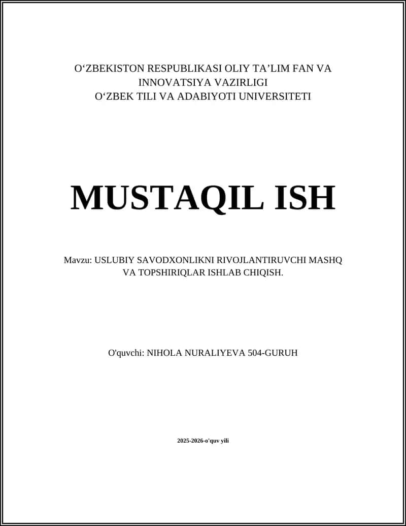 USLUBIY SAVODXONLIKNI RIVOJLANTIRUVCHI MASHQ VA TOPSHIRIQLAR ISHLAB CHIQISH 1