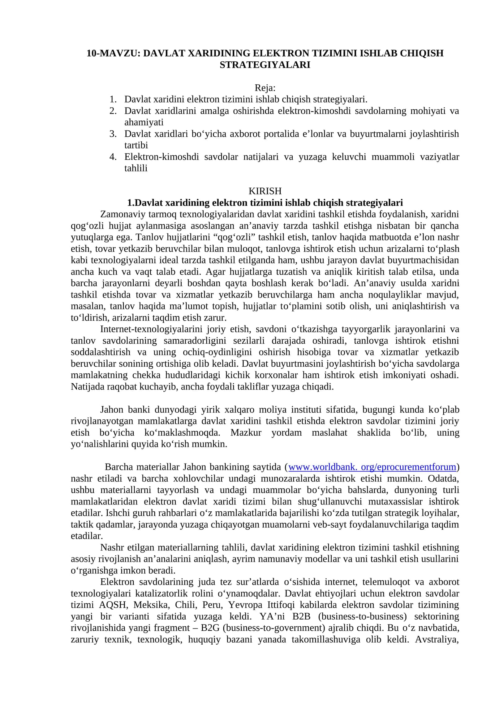 DAVLAT XARIDINING ELEKTRON TIZIMINI ISHLAB CHIQISH STRATEGIYALARI 1